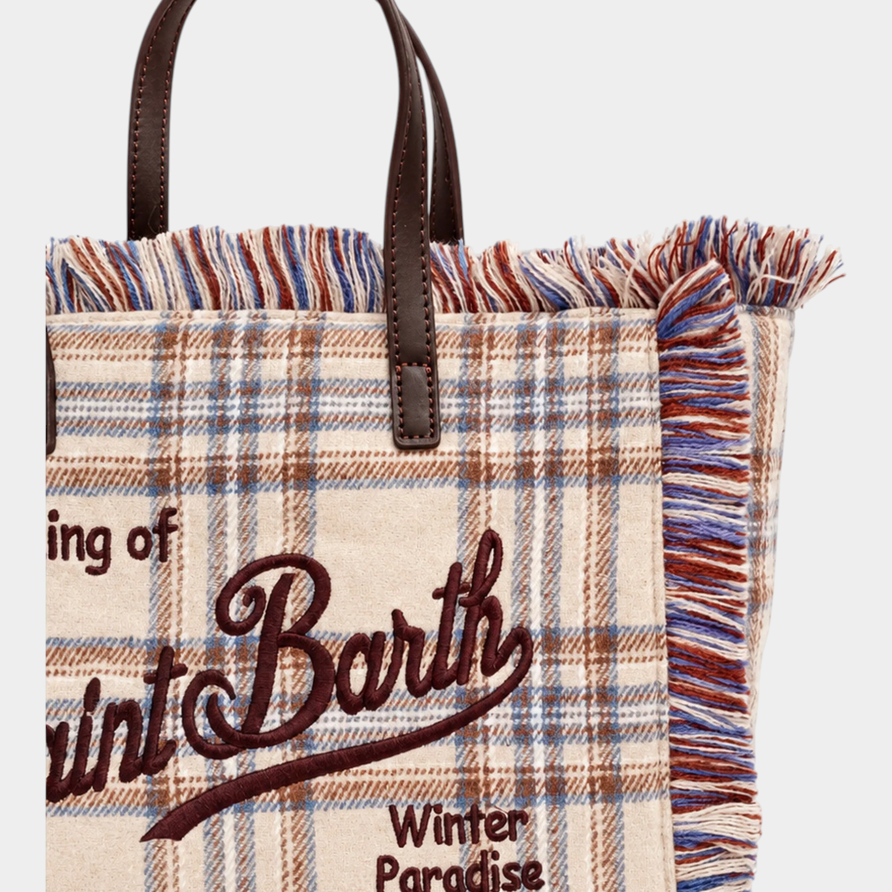 Borsa mini vanity Follower SRL in misto lana beige con motivo tartan, dettagli sfrangiati e ricamo marrone