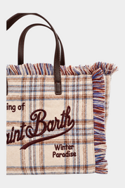 Borsa mini vanity Follower SRL in misto lana beige con motivo tartan, dettagli sfrangiati e ricamo marrone