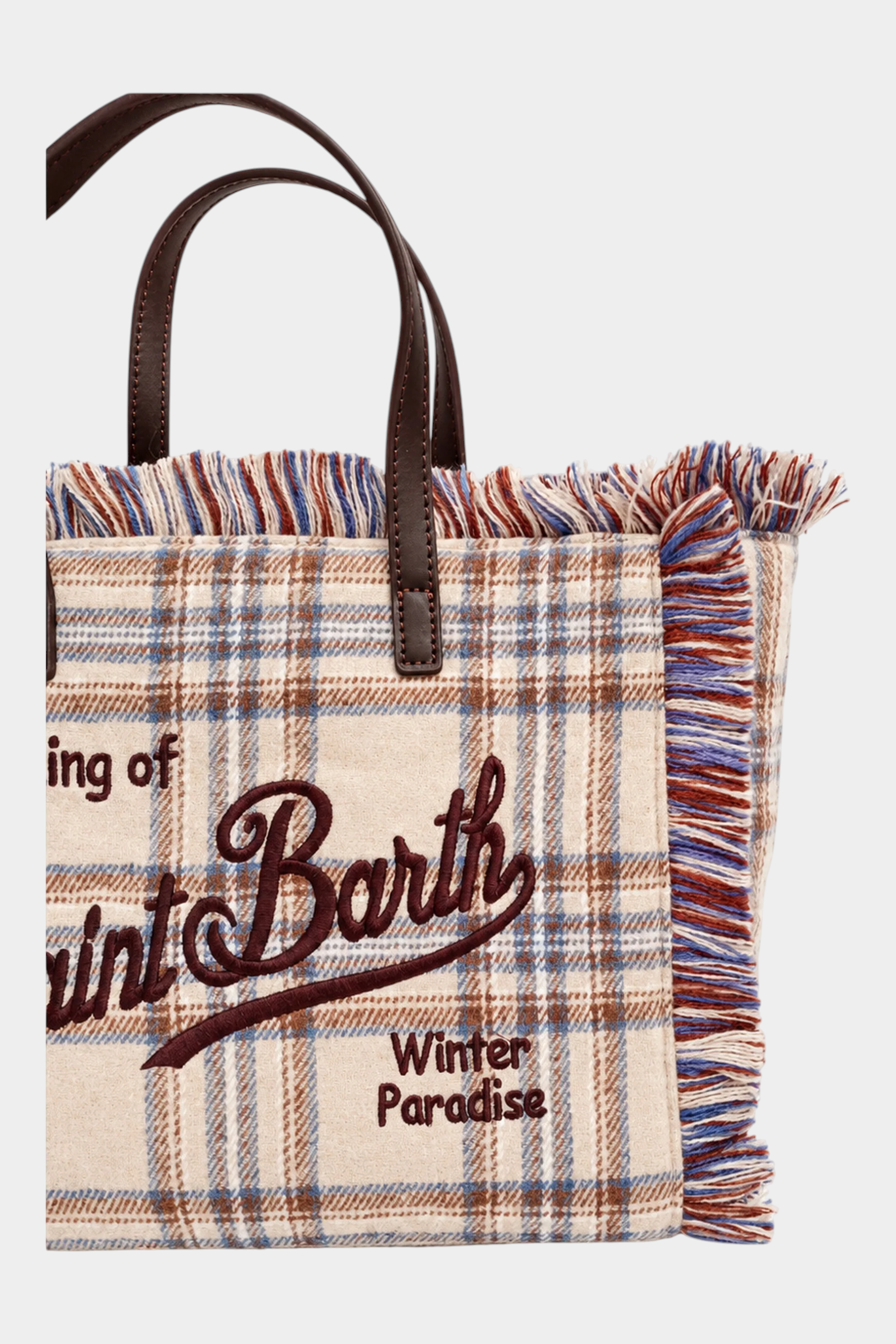 Borsa mini vanity Follower SRL in misto lana beige con motivo tartan, dettagli sfrangiati e ricamo marrone