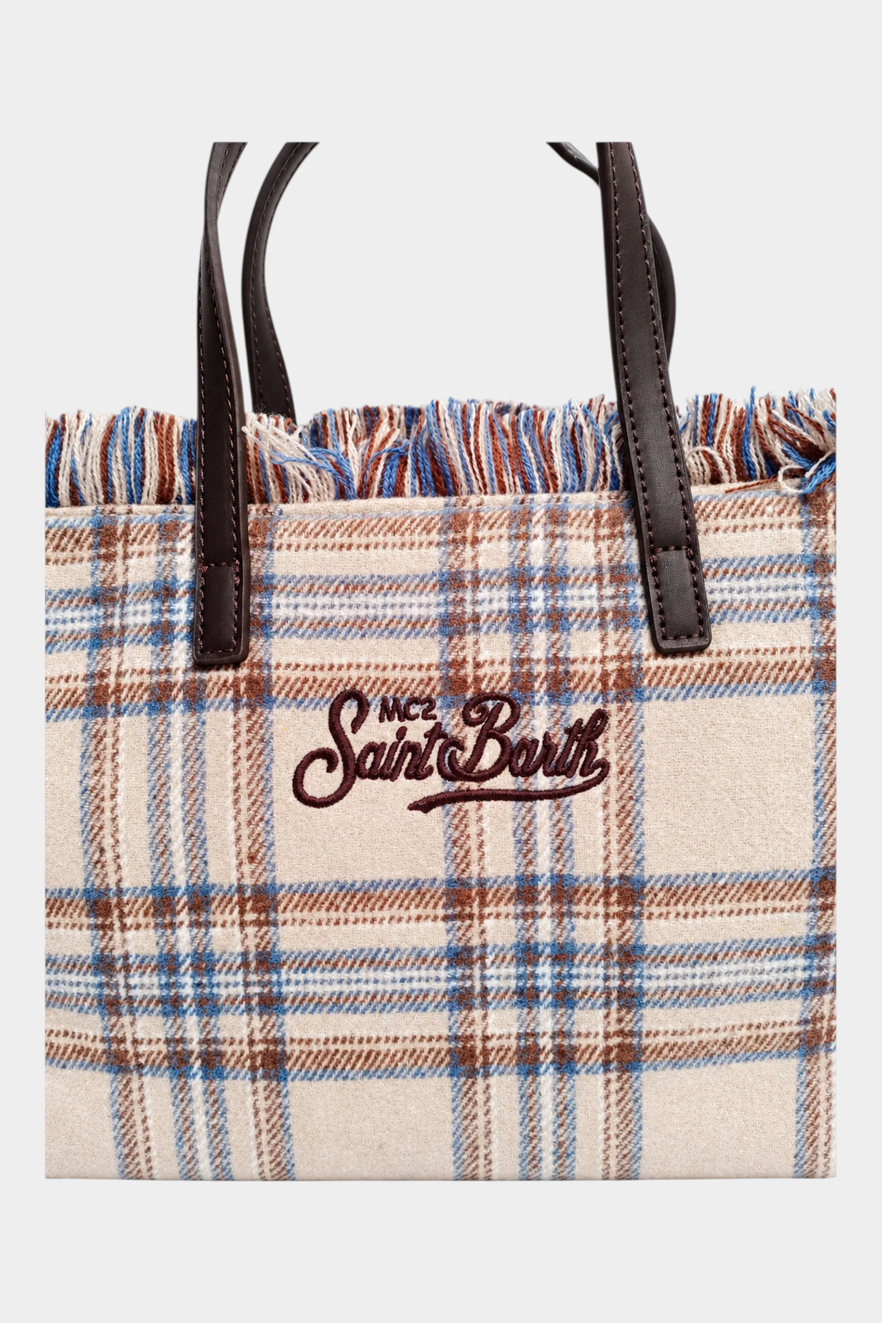 Borsa mini vanity Follower SRL in misto lana beige con motivo tartan, frange superiori e logo ricamato marrone
