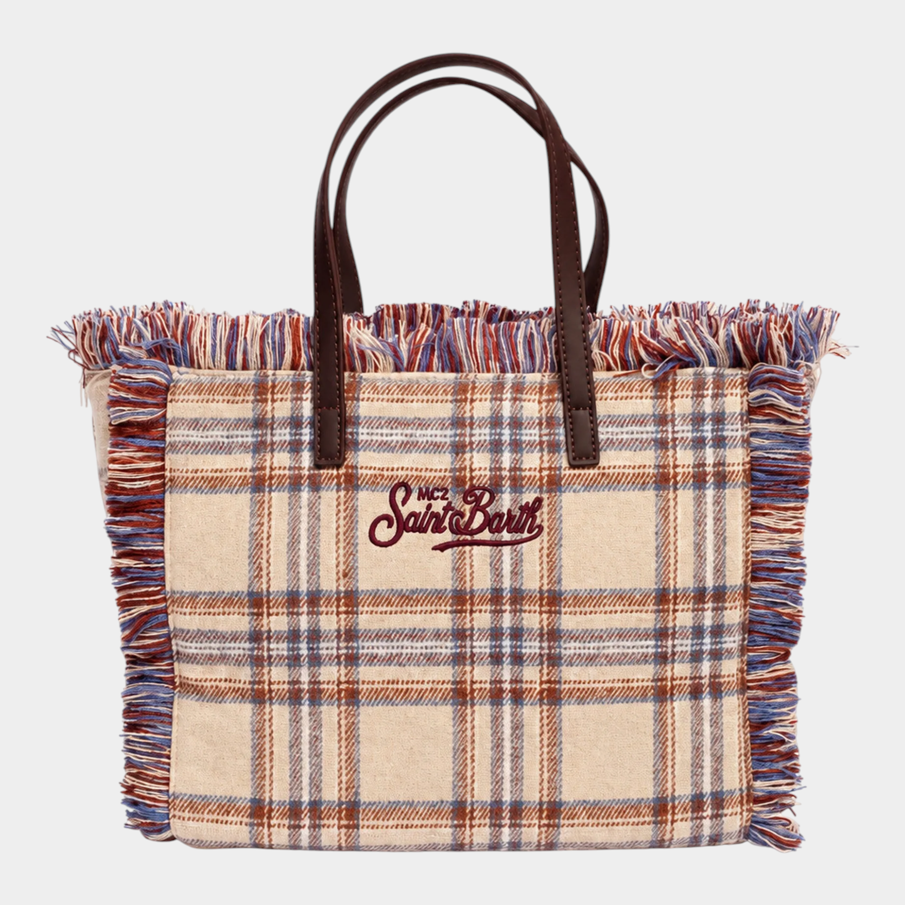 Borsa mini vanity Follower SRL in misto lana beige con motivo tartan, dettagli sfrangiati e manici in ecopelle marrone