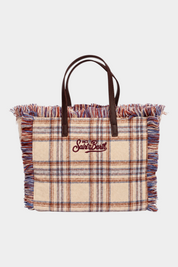 Borsa mini vanity Follower SRL in misto lana beige con motivo tartan, dettagli sfrangiati e manici in ecopelle marrone