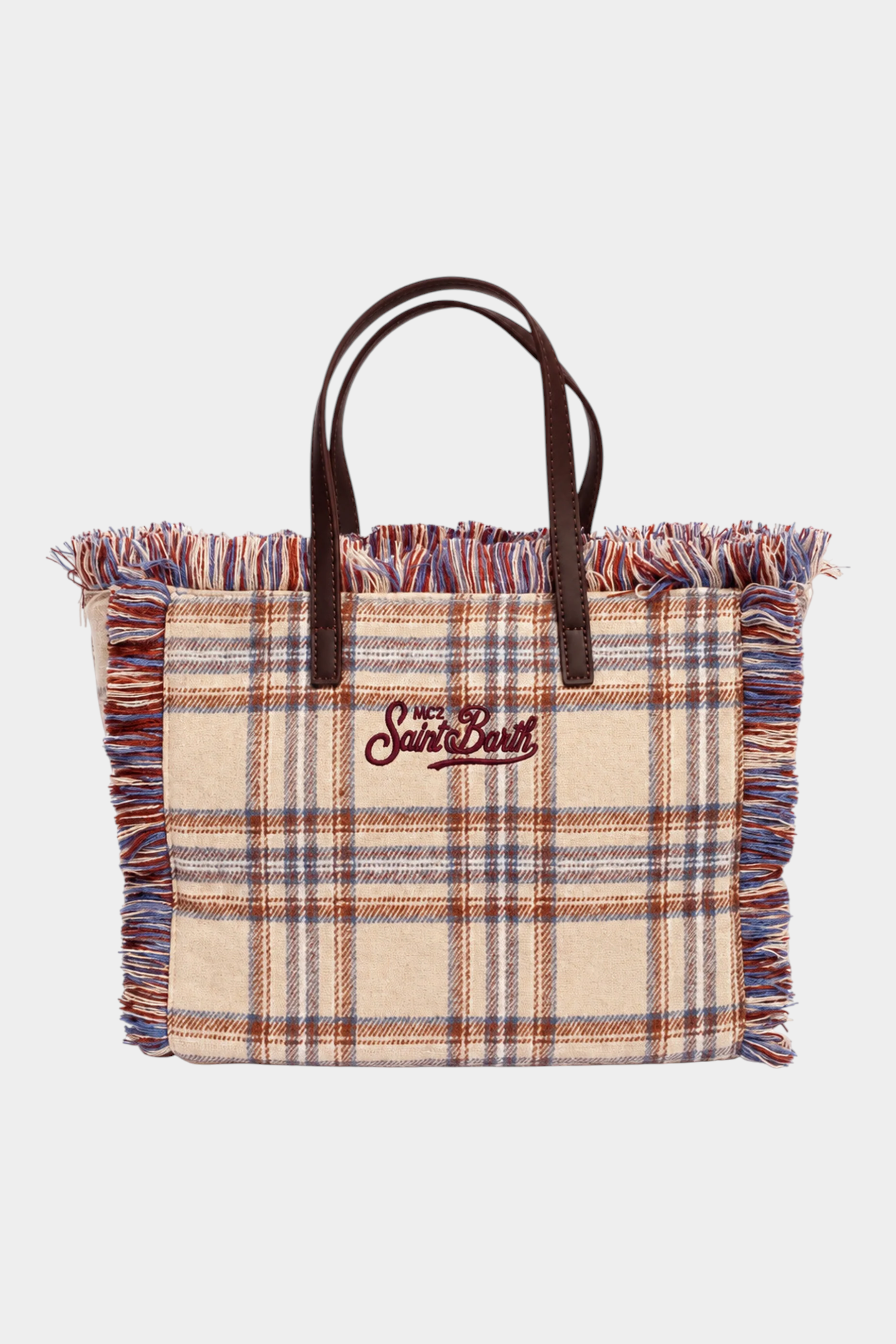 Borsa mini vanity Follower SRL in misto lana beige con motivo tartan, dettagli sfrangiati e manici in ecopelle marrone