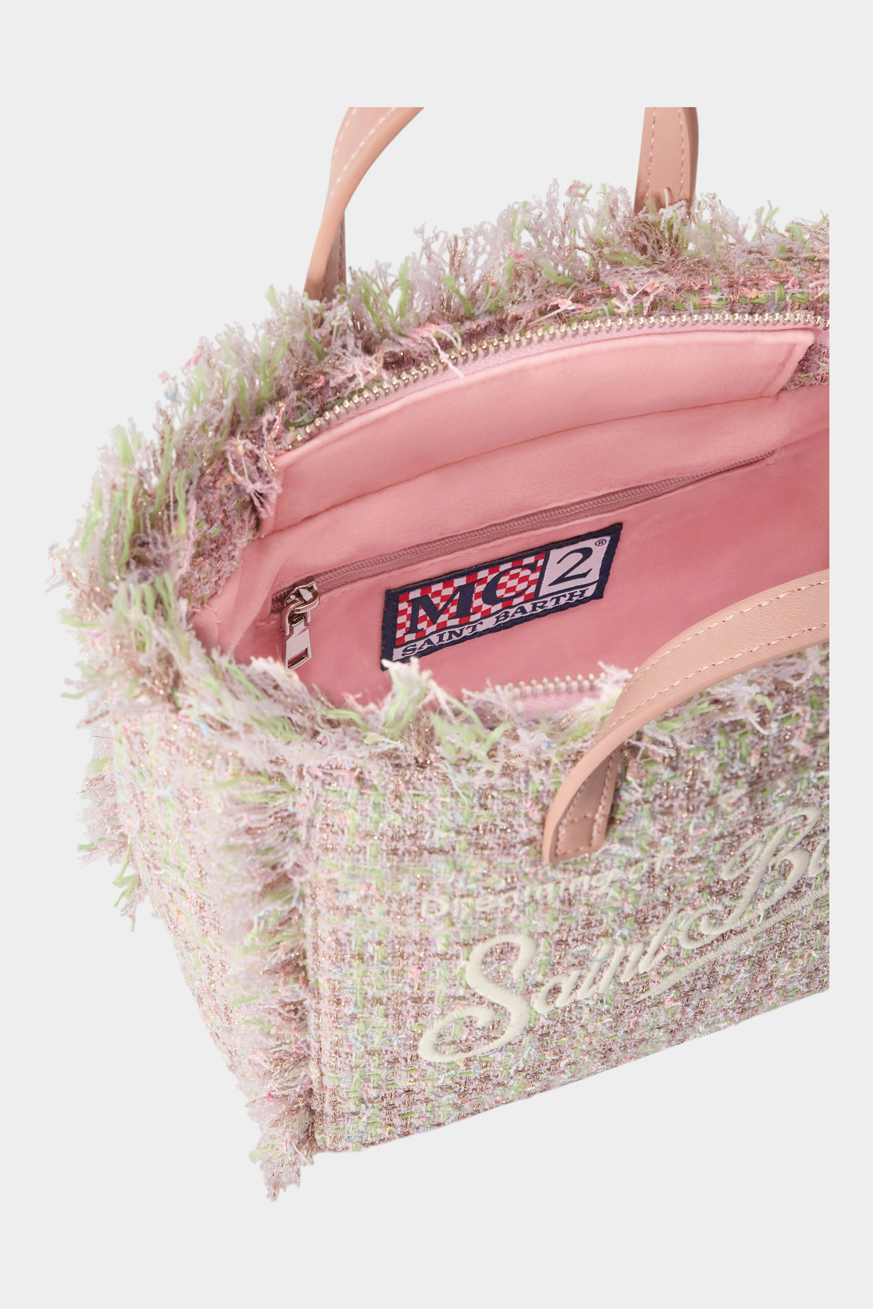 Borsa mini vanity Follower SRL in tweed rosa con dettagli sfrangiati e logo MC2 SAINT BARTH interno