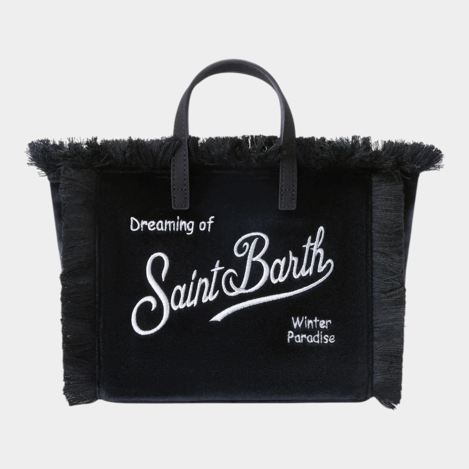 Borsa mini vanity Follower SRL in velluto nero con ricamo logo bianco e dettagli sfrangiati