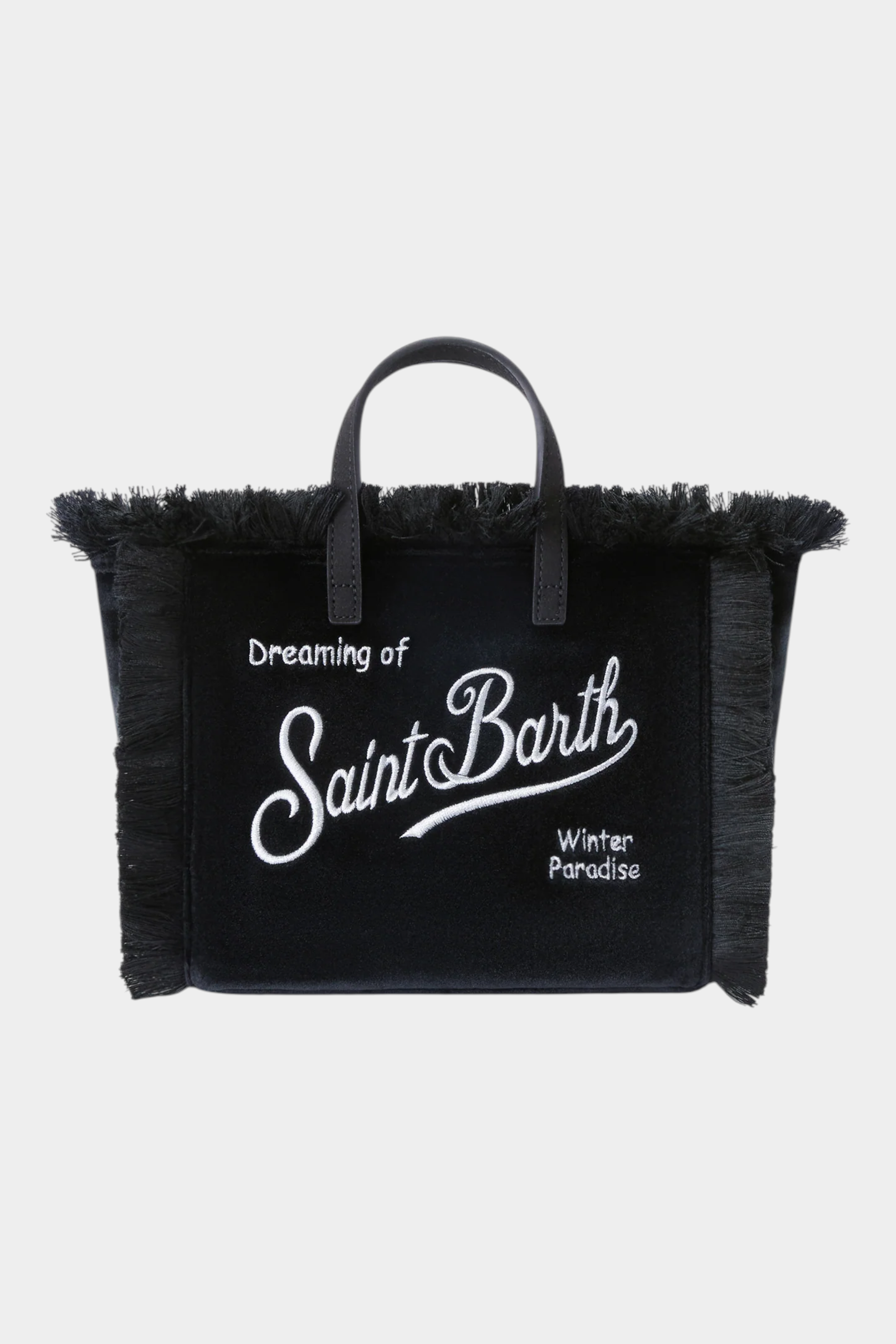 Borsa mini vanity Follower SRL in velluto nero con ricamo logo bianco e dettagli sfrangiati