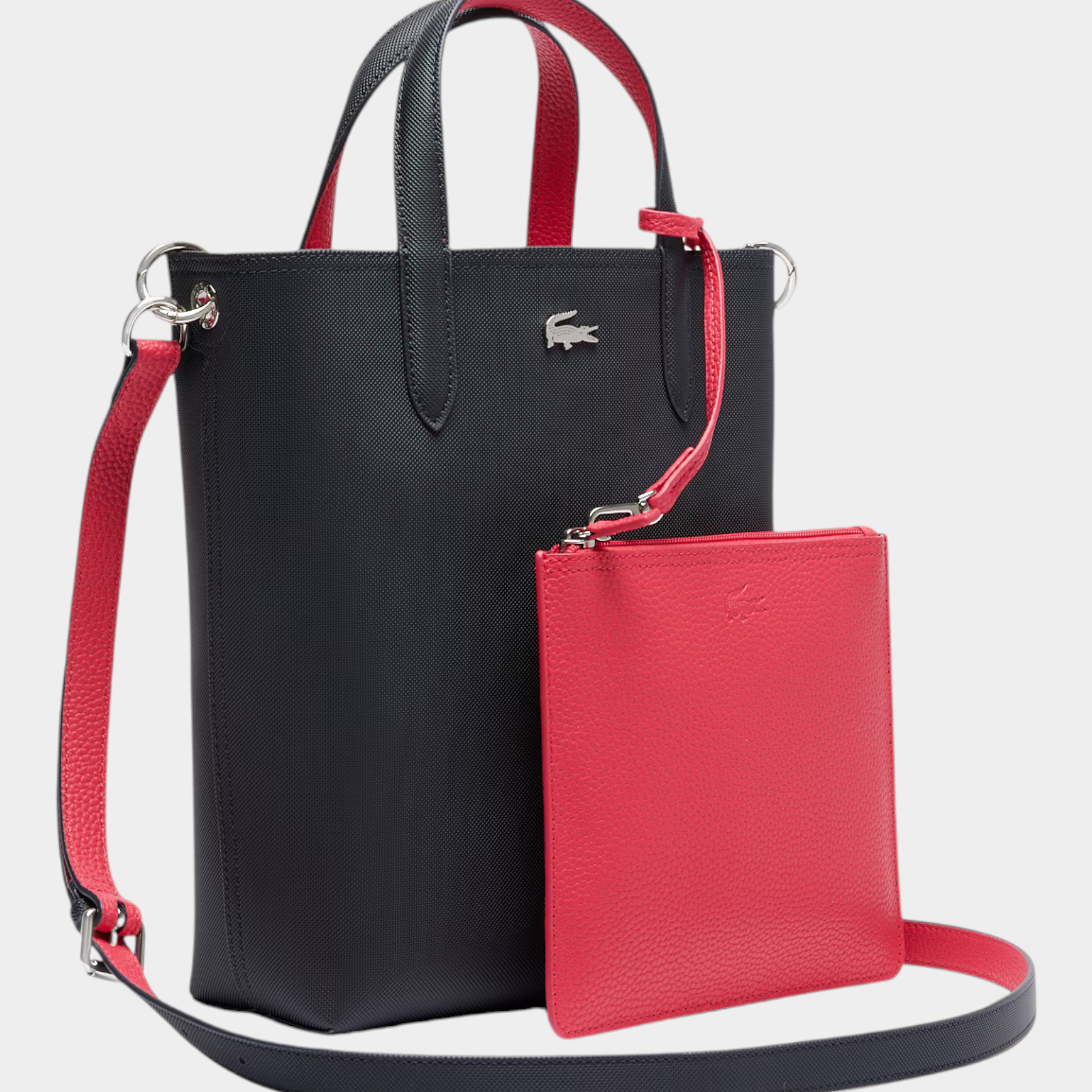 Borsa da viaggio verticale reversibile Follower SRL Lacoste blu e rossa con pochette abbinata e tracolla regolabile