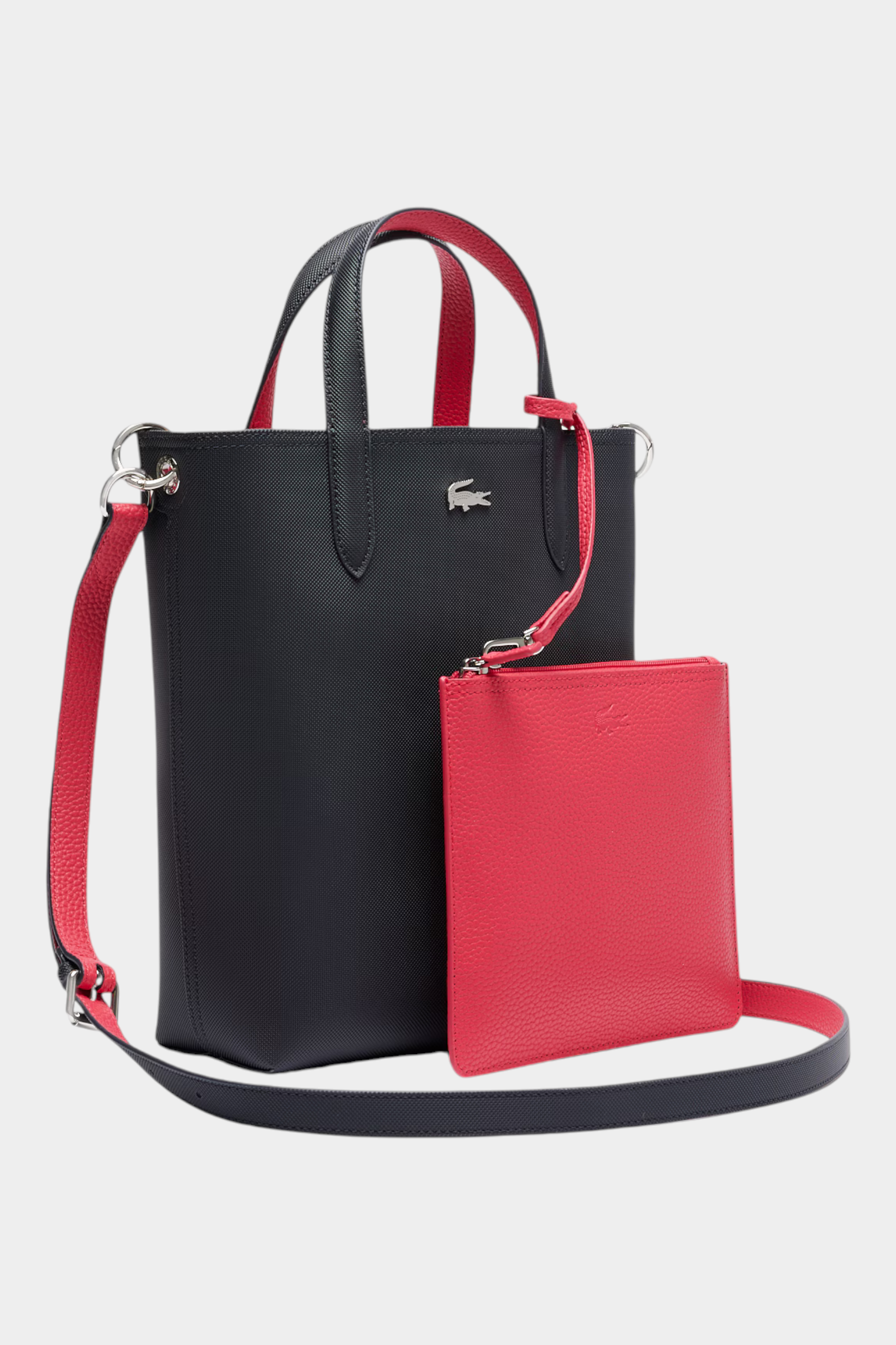 Borsa da viaggio verticale reversibile Follower SRL Lacoste blu e rossa con pochette abbinata e tracolla regolabile
