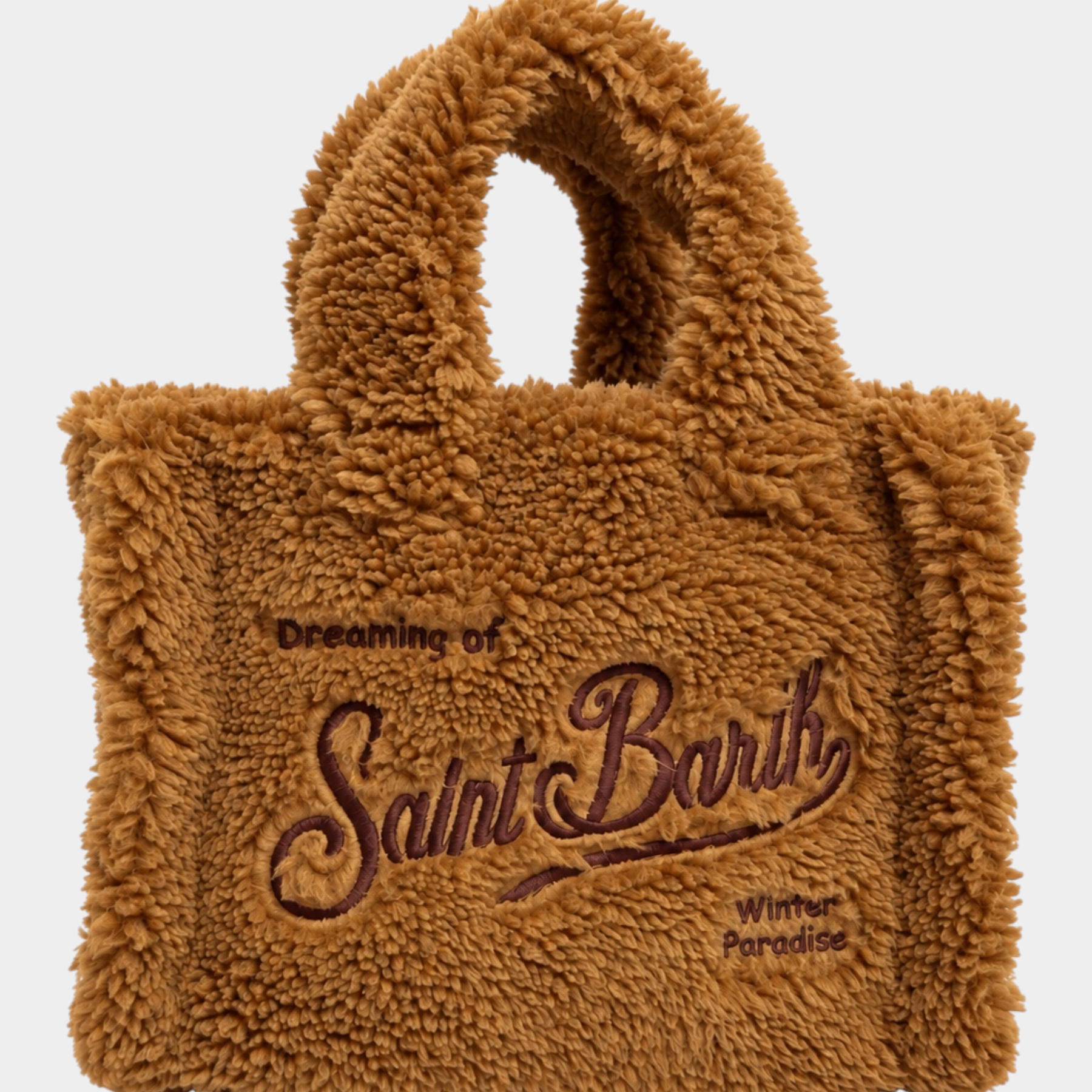 Mini borsa vanity Follower SRL in tessuto teddy marrone con ricamo Saint Barth e dettagli invernali