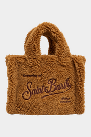 Mini borsa vanity Follower SRL in tessuto teddy marrone con ricamo Saint Barth e dettagli invernali