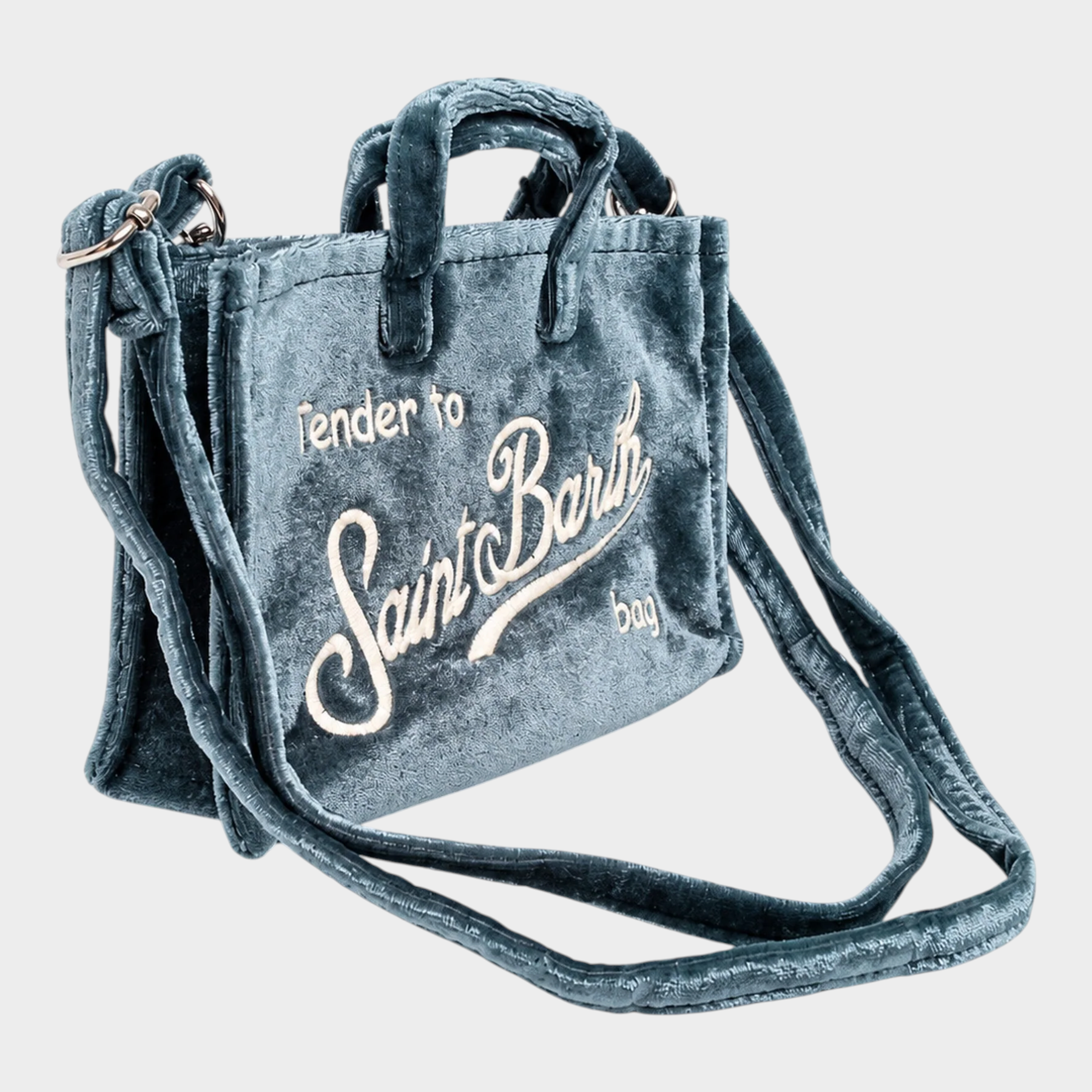 Borsa porta cellulare Follower SRL in tessuto teddy blu con ricamo logo Saint Barth e tracolla