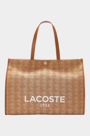 Borsa tote grande Follower SRL Lacoste in tessuto jacquard beige con stampa Heritage e logo bianco frontale
