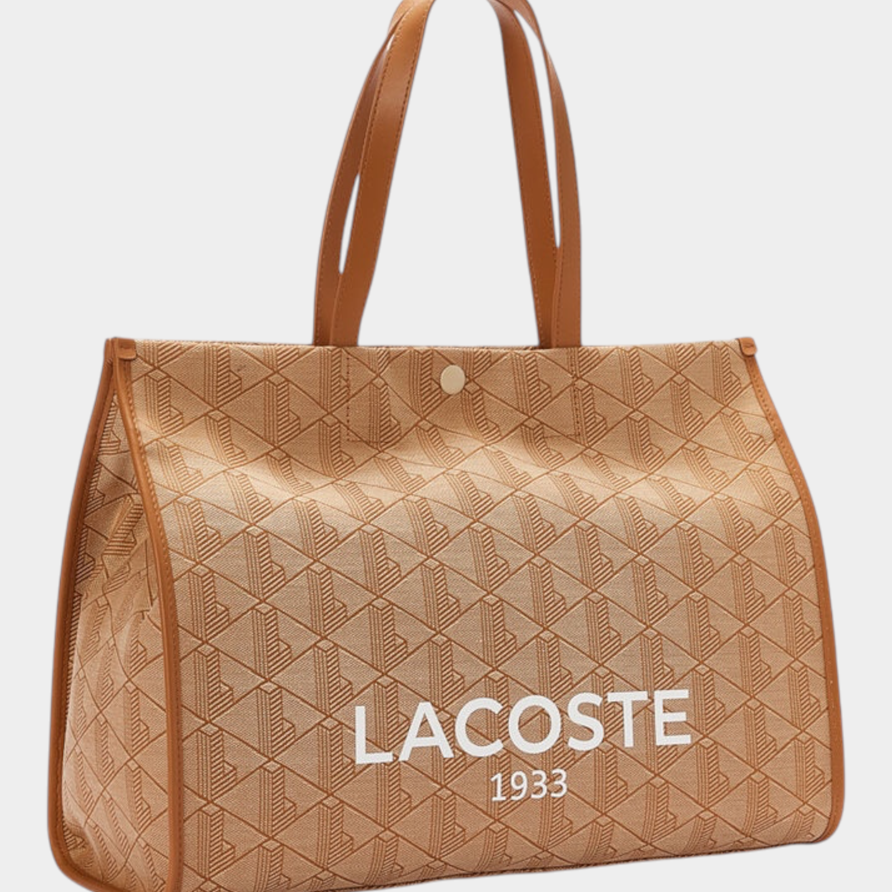 Borsa tote grande Follower SRL Lacoste in tessuto jacquard beige con stampa Heritage e manici color cuoio