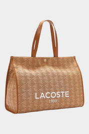 Borsa tote grande Follower SRL Lacoste in tessuto jacquard beige con stampa Heritage e manici color cuoio