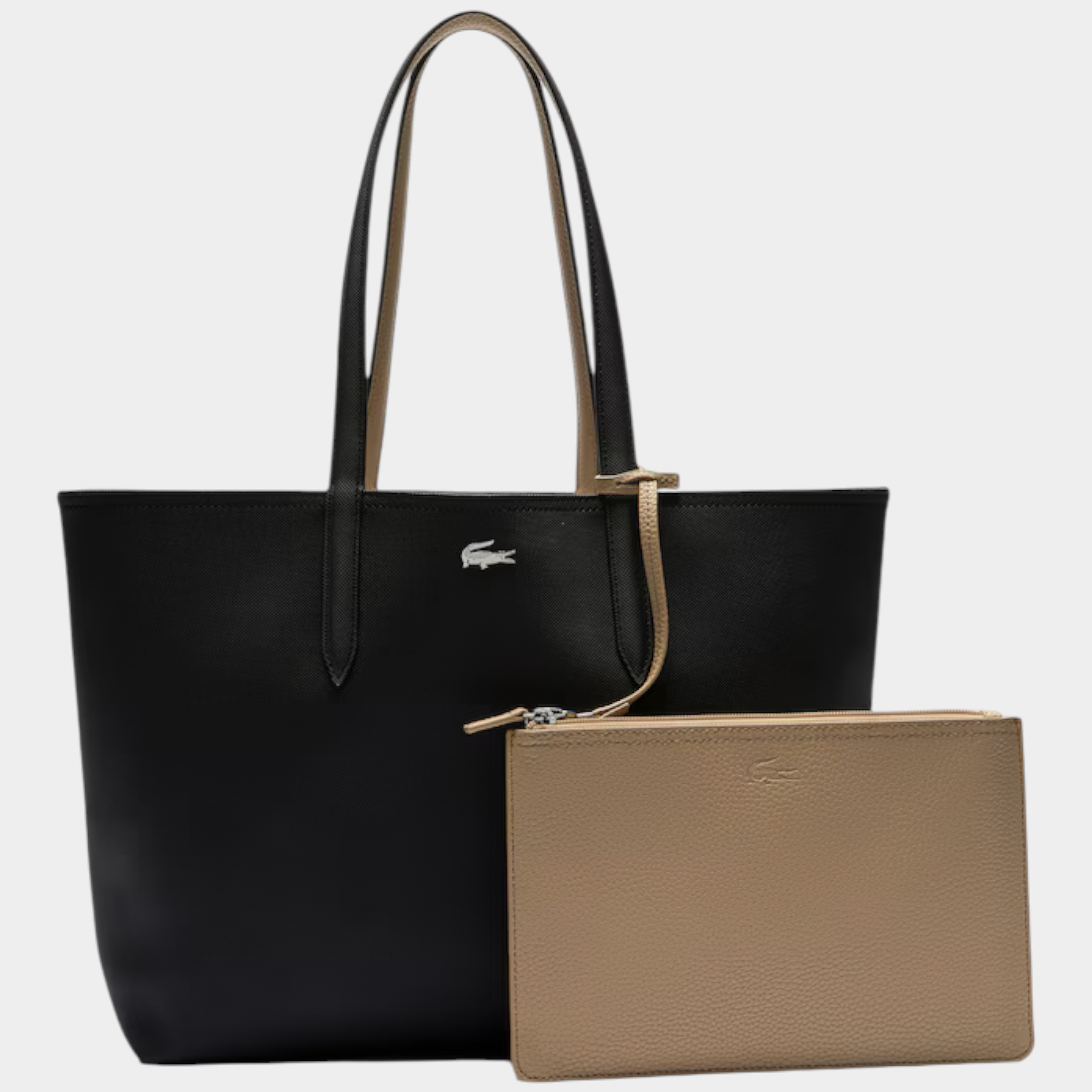 Borsa tote double face Follower SRL Lacoste nera e beige con pochette abbinata e logo del coccodrillo in metallo