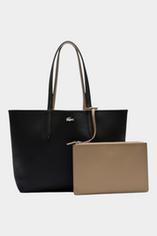Borsa tote double face Follower SRL Lacoste nera e beige con pochette abbinata e logo del coccodrillo in metallo