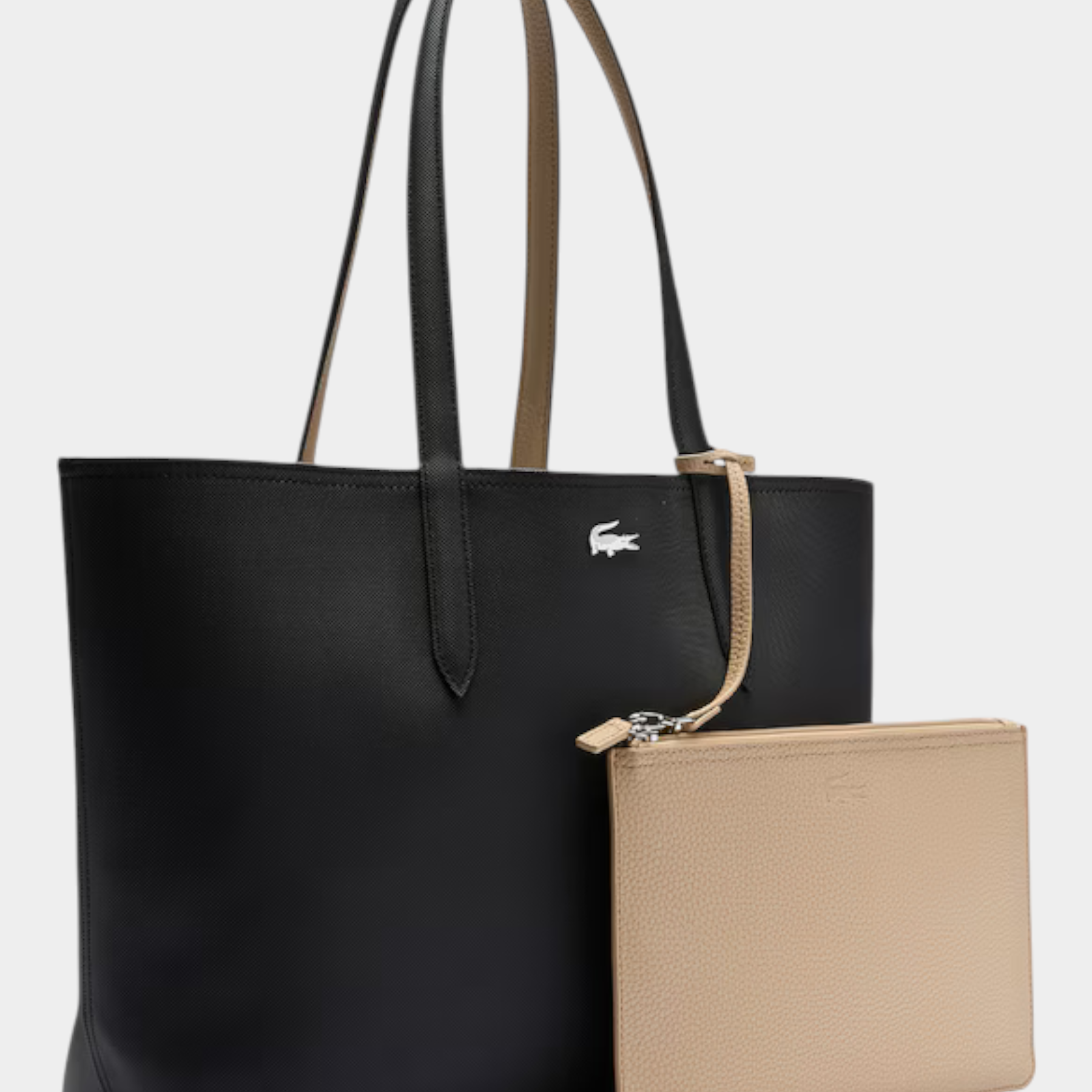Borsa tote double face Follower SRL Lacoste nera con pochette beige rimovibile e logo del coccodrillo in metallo