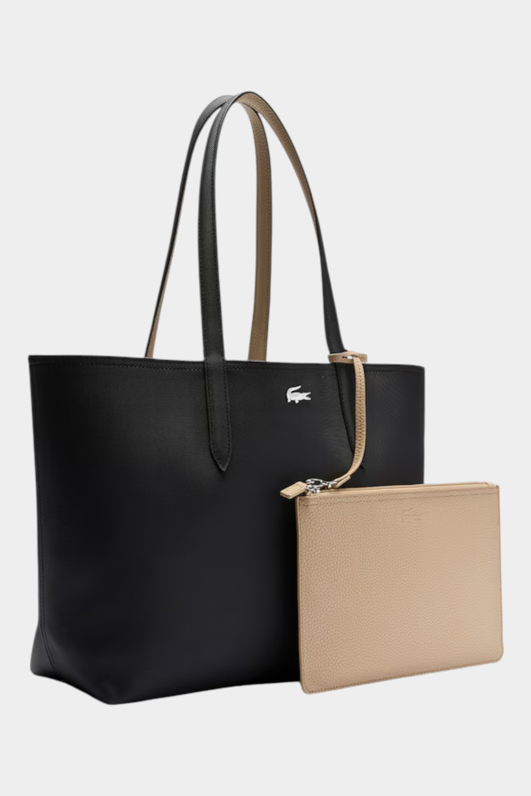 Borsa tote double face Follower SRL Lacoste nera con pochette beige rimovibile e logo del coccodrillo in metallo