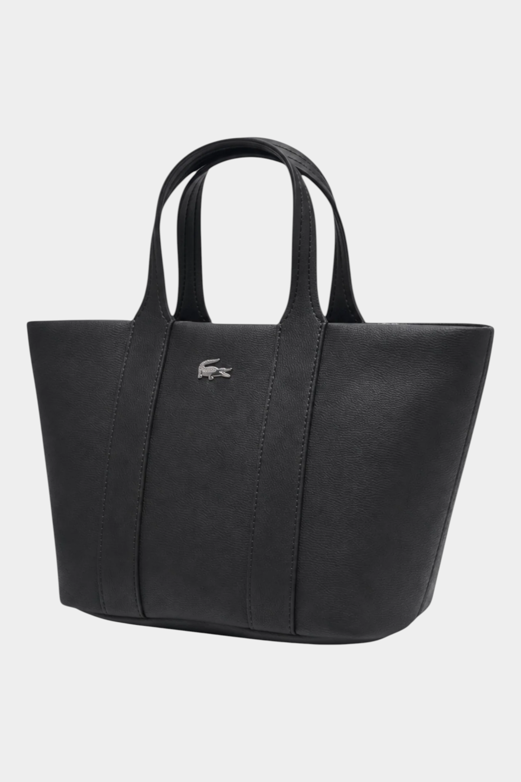 Borsa tote nera Follower SRL Lacoste con logo in metallo e doppi manici, design elegante e minimalista