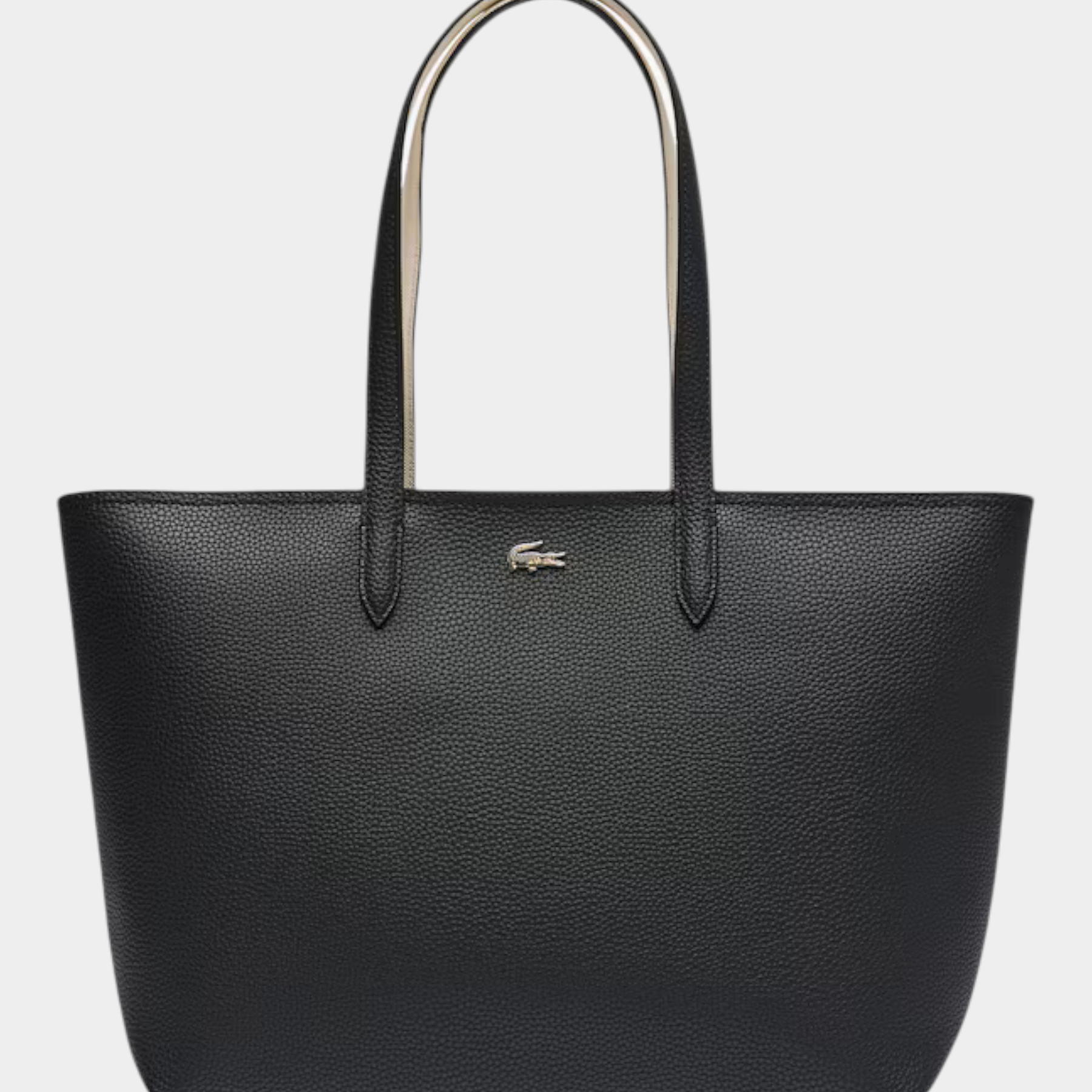 Borsa tote nera Lacoste con zip e logo metallico, proposta da Follower SRL, elegante e spaziosa.