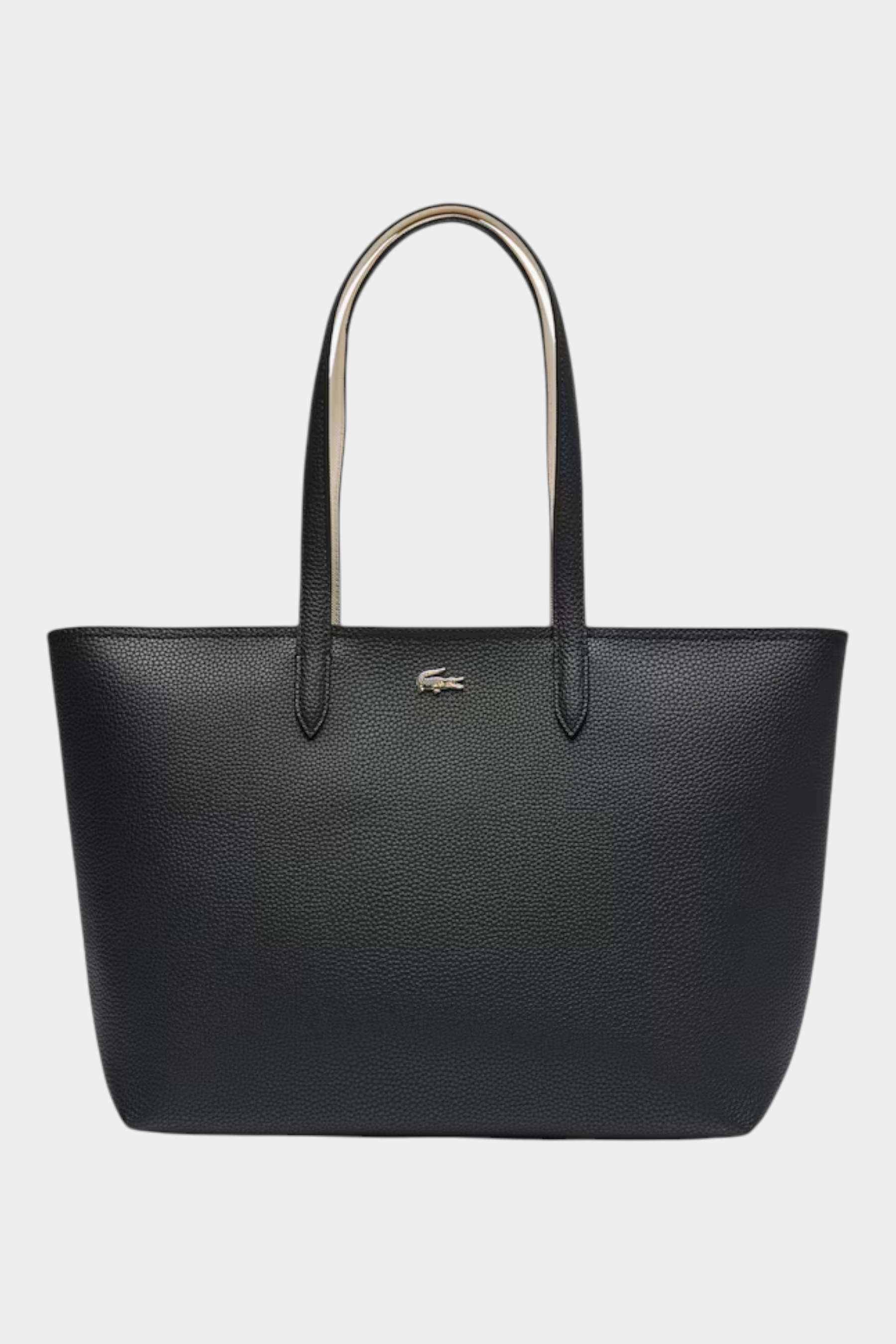 Borsa tote nera Lacoste con zip e logo metallico, proposta da Follower SRL, elegante e spaziosa.