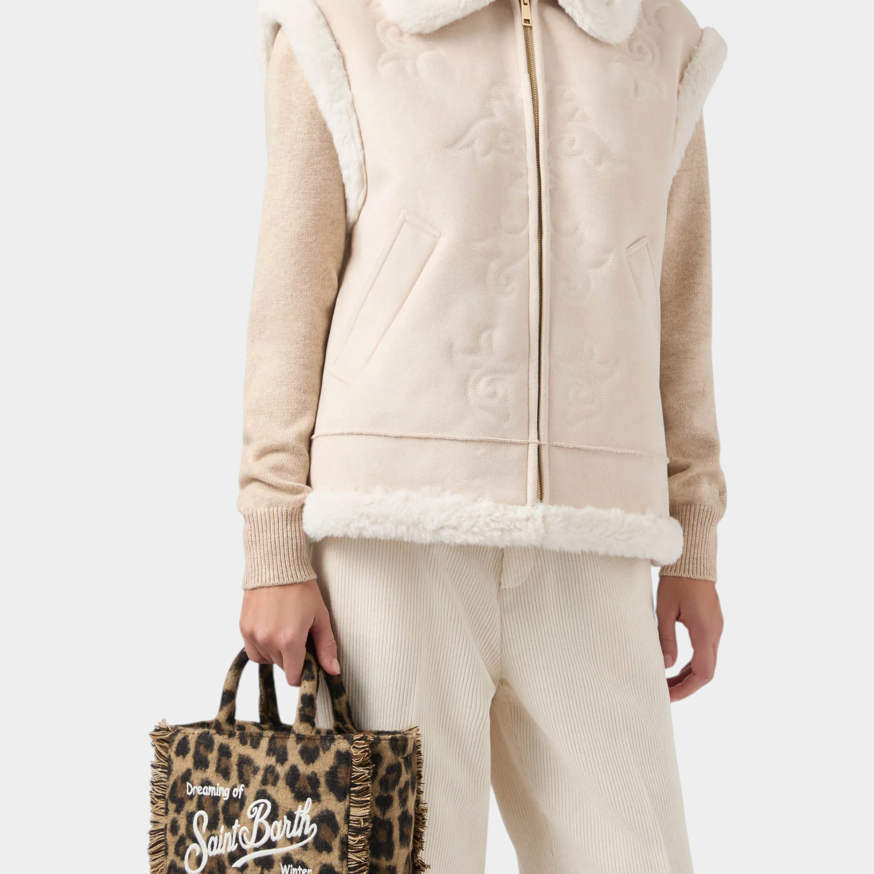 Mini borsa vanity Follower SRL in feltro marrone con stampa leopardata, frange e logo Saint Barth bianco