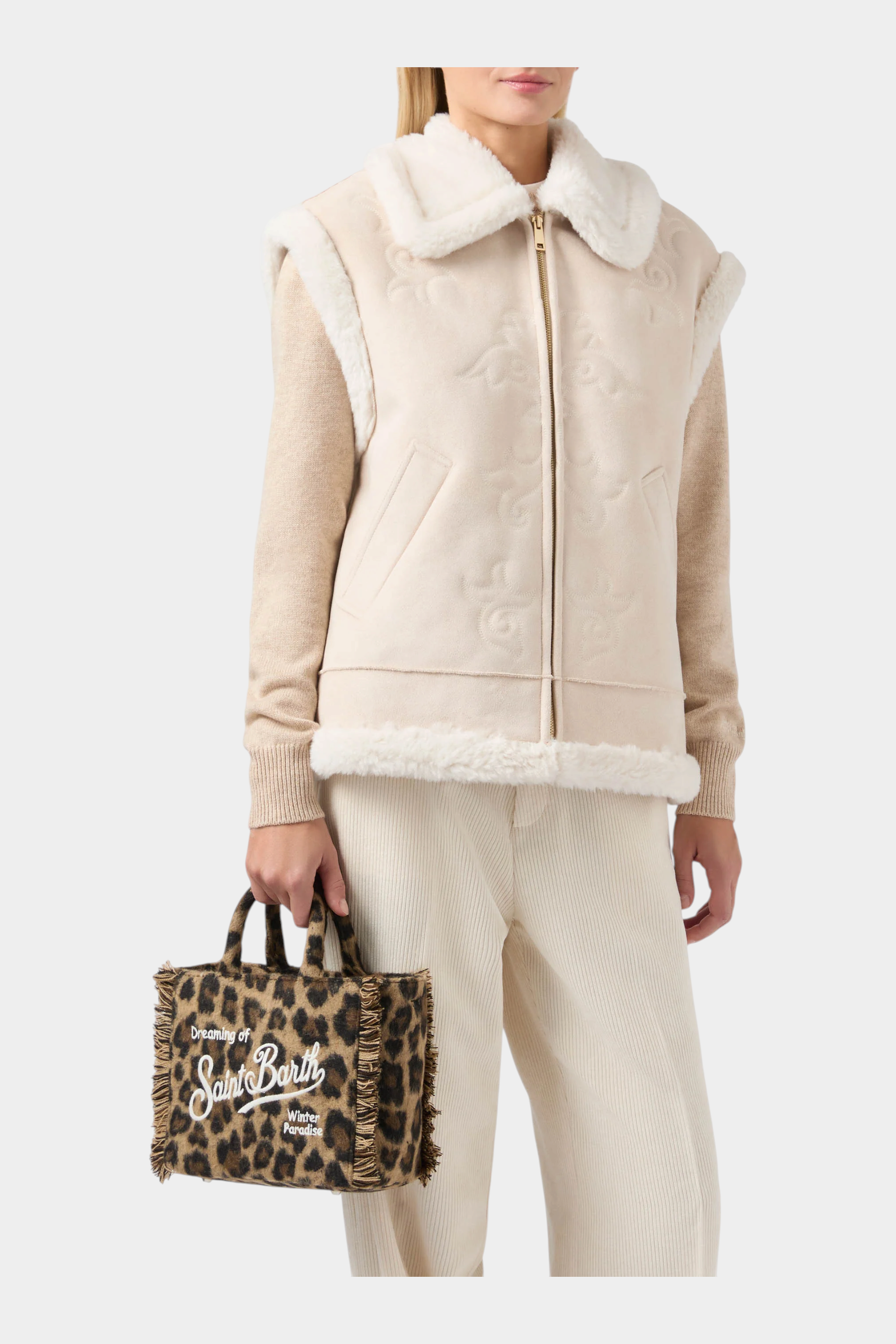 Mini borsa vanity Follower SRL in feltro marrone con stampa leopardata, frange e logo Saint Barth bianco