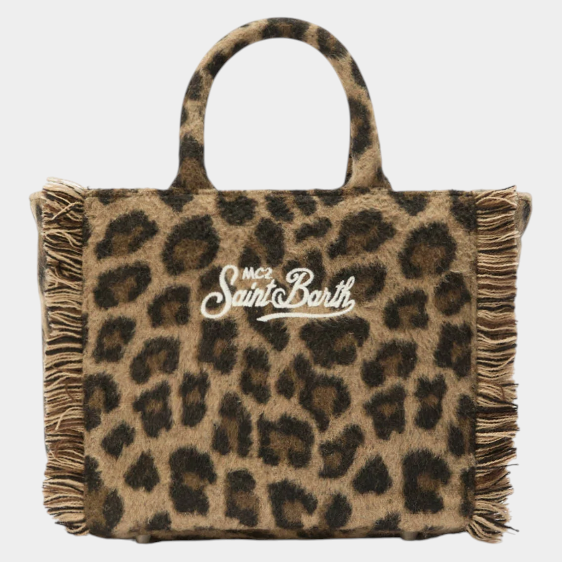 Borsa vanity mini Follower SRL in feltro marrone con stampa leopardata e dettagli sfrangiati