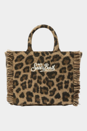Borsa vanity mini Follower SRL in feltro marrone con stampa leopardata e dettagli sfrangiati