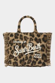 Mini borsa vanity Follower SRL in feltro marrone con stampa leopardata, frange laterali e logo Saint Barth bianco