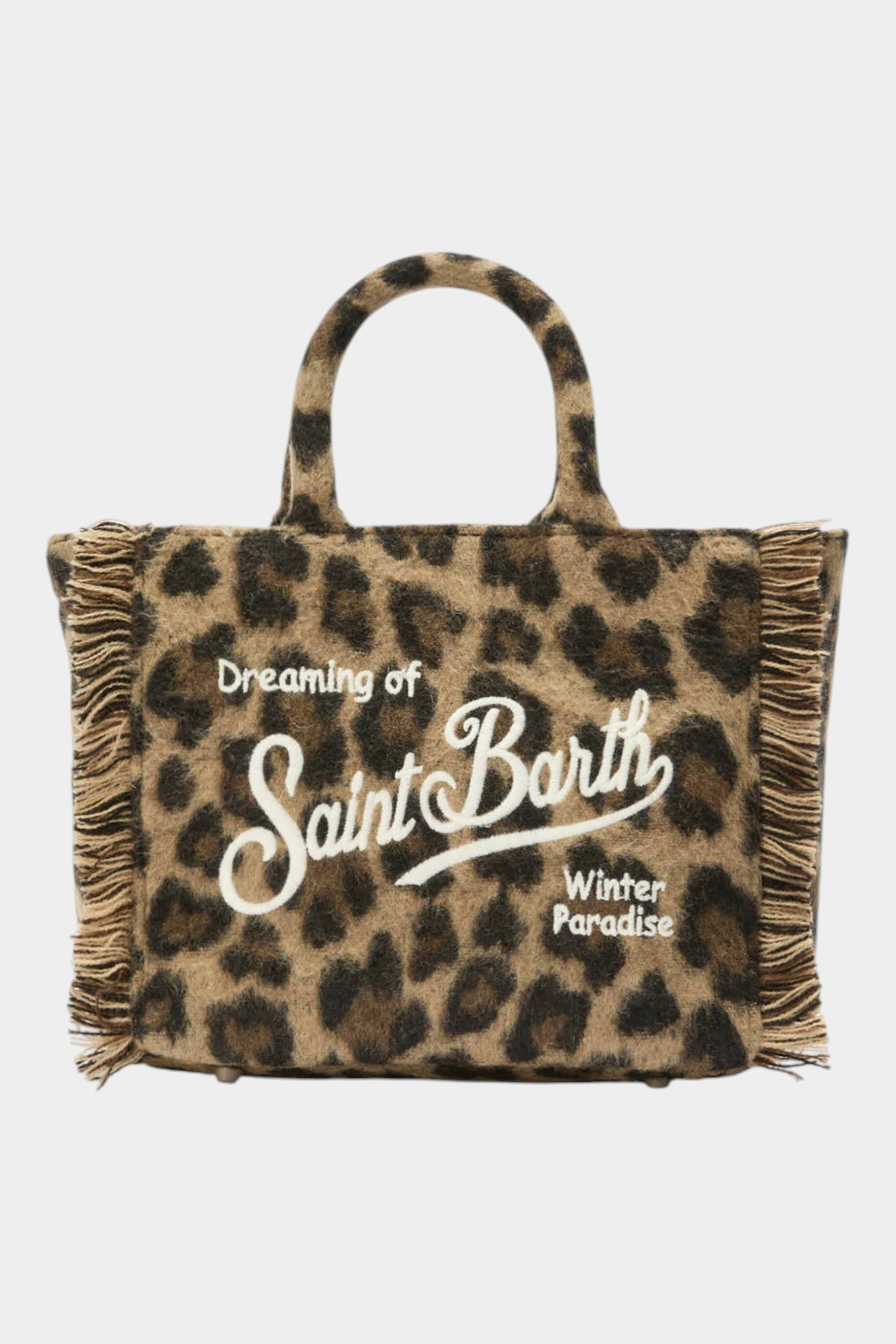 Mini borsa vanity Follower SRL in feltro marrone con stampa leopardata, frange laterali e logo Saint Barth bianco