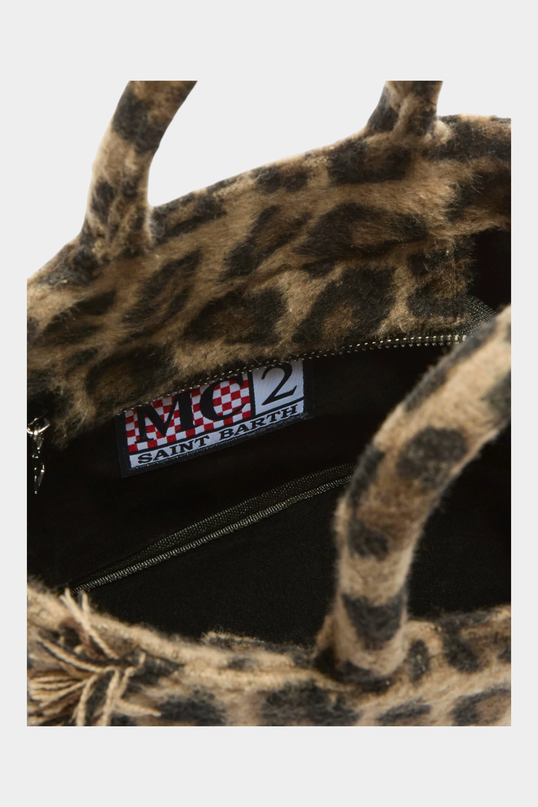 Borsa vanity mini Follower SRL in feltro marrone con stampa leopardata e logo MC2 SAINT BARTH interno