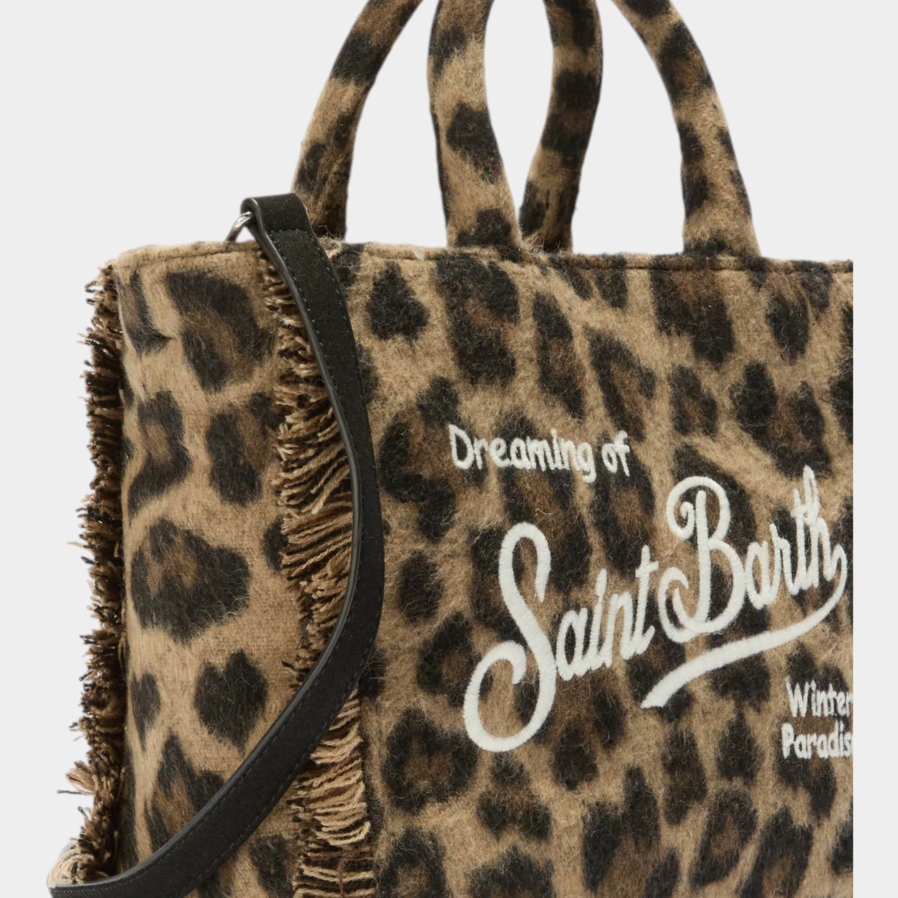 Borsa vanity mini Follower SRL in feltro marrone con stampa leopardata, dettagli sfrangiati e logo bianco ricamato