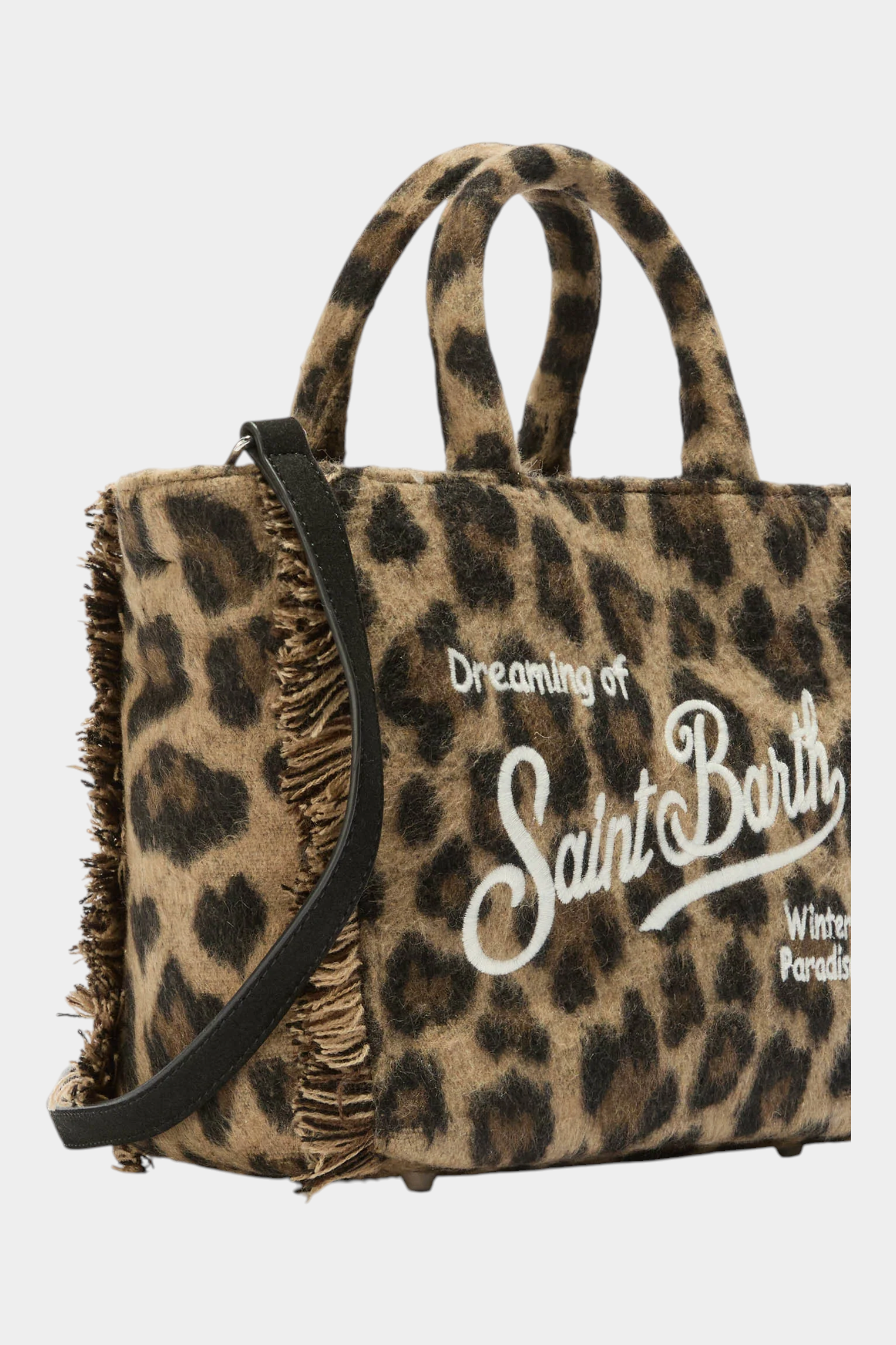 Borsa vanity mini Follower SRL in feltro marrone con stampa leopardata, dettagli sfrangiati e logo bianco ricamato