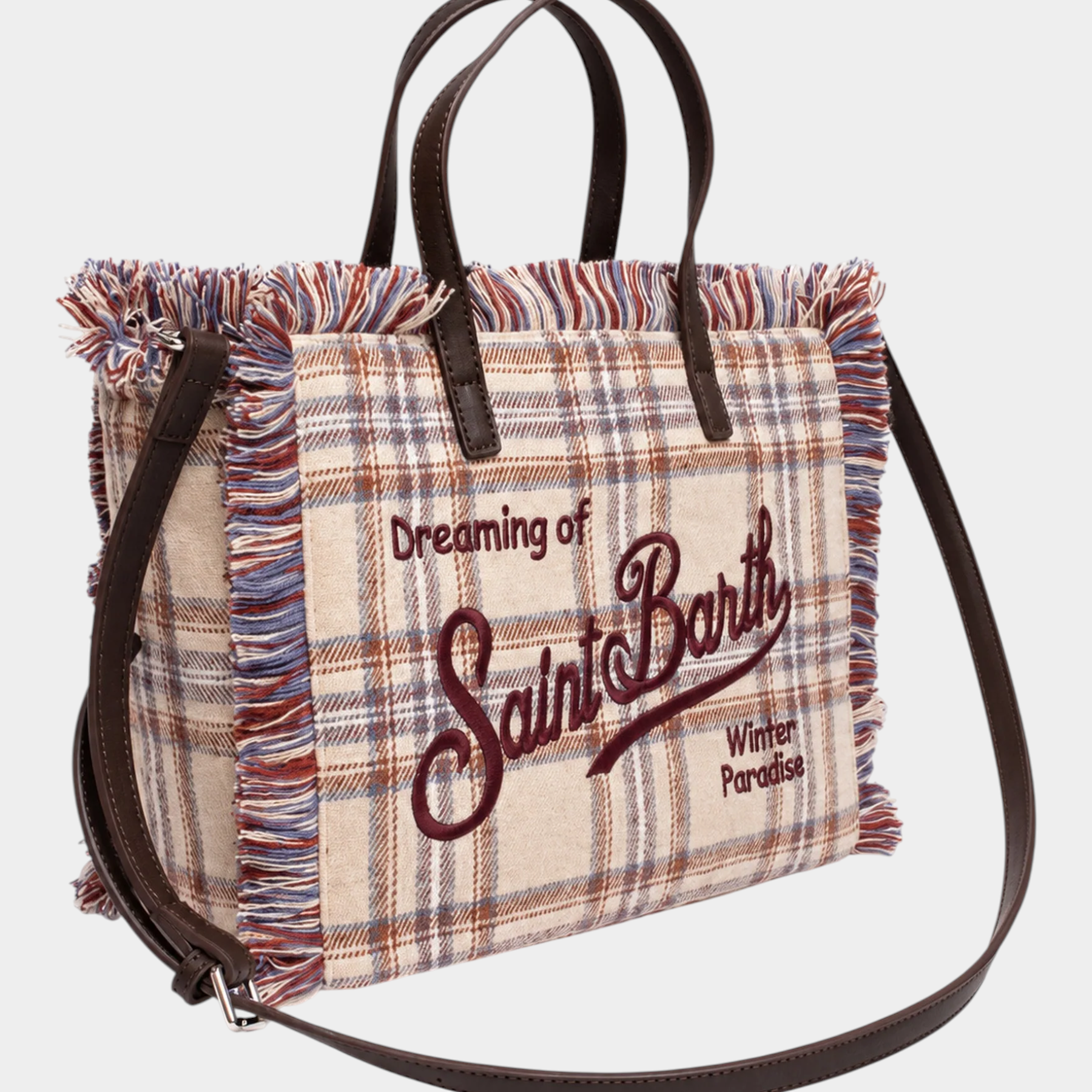 Borsa mini vanity Follower SRL in misto lana beige con motivo tartan, frange decorative e ricamo frontale marrone