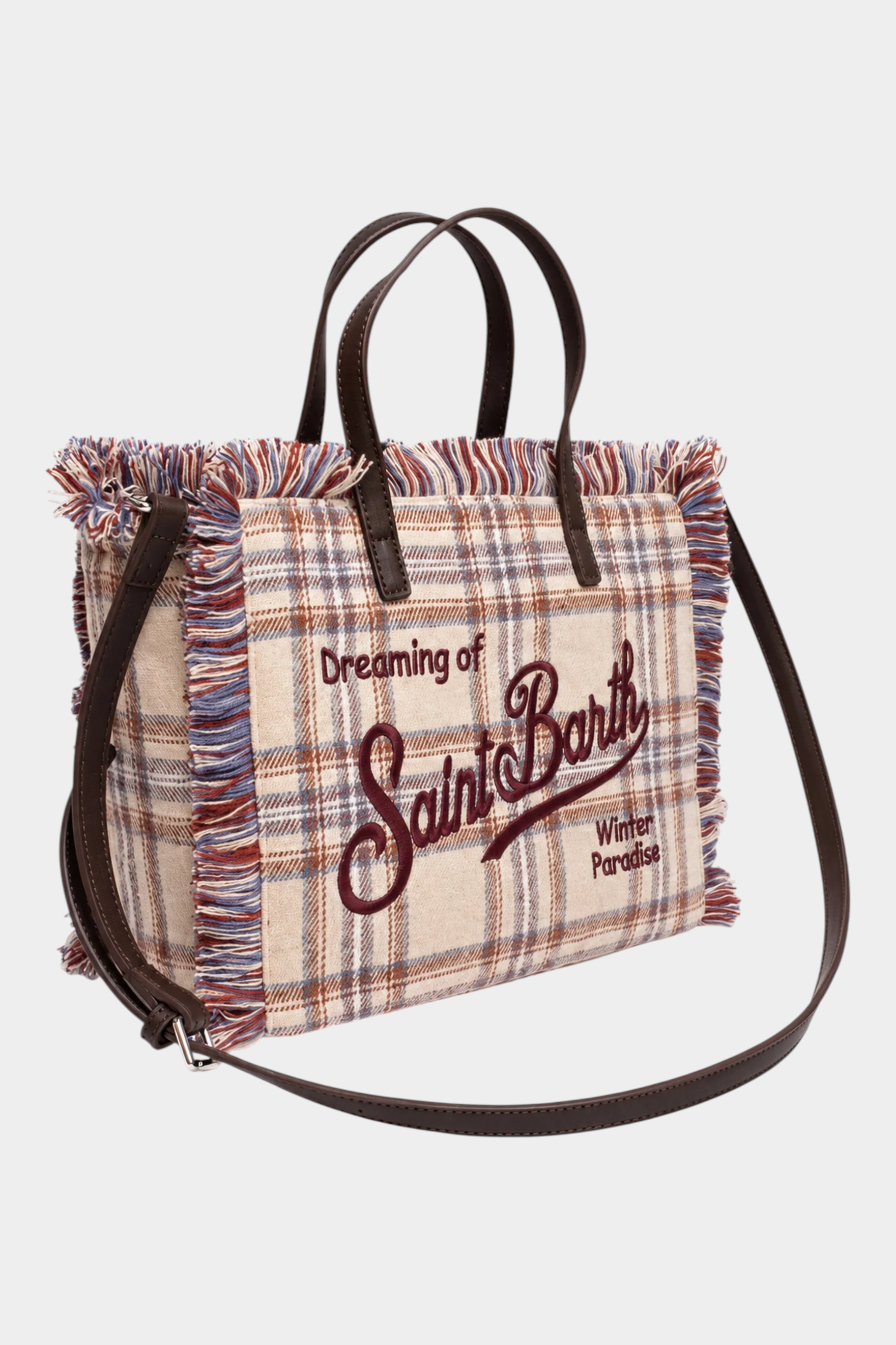 Borsa mini vanity Follower SRL in misto lana beige con motivo tartan, frange decorative e ricamo frontale marrone