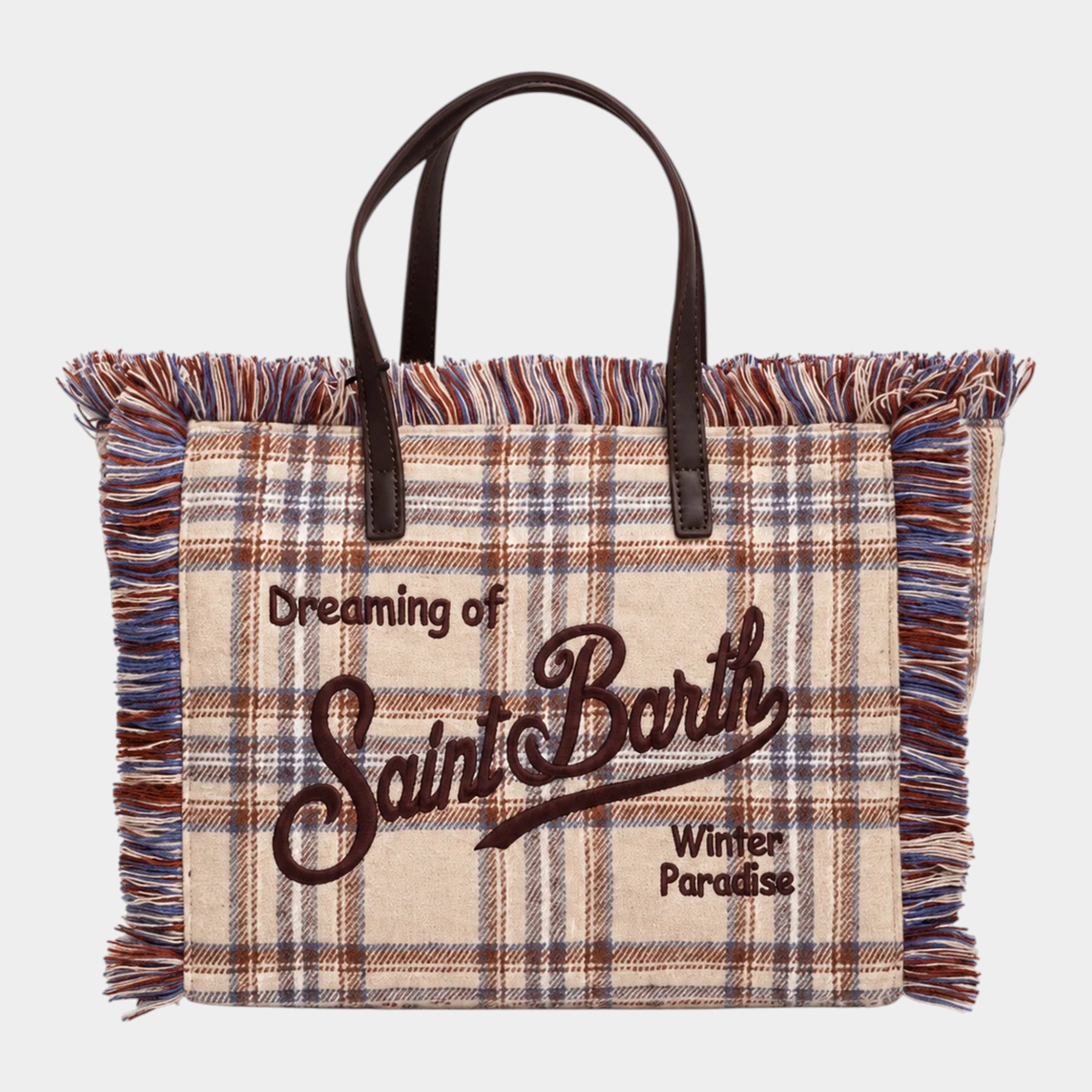 Borsa mini vanity Follower SRL in misto lana beige con motivo tartan, frange laterali e ricamo Saint Barth
