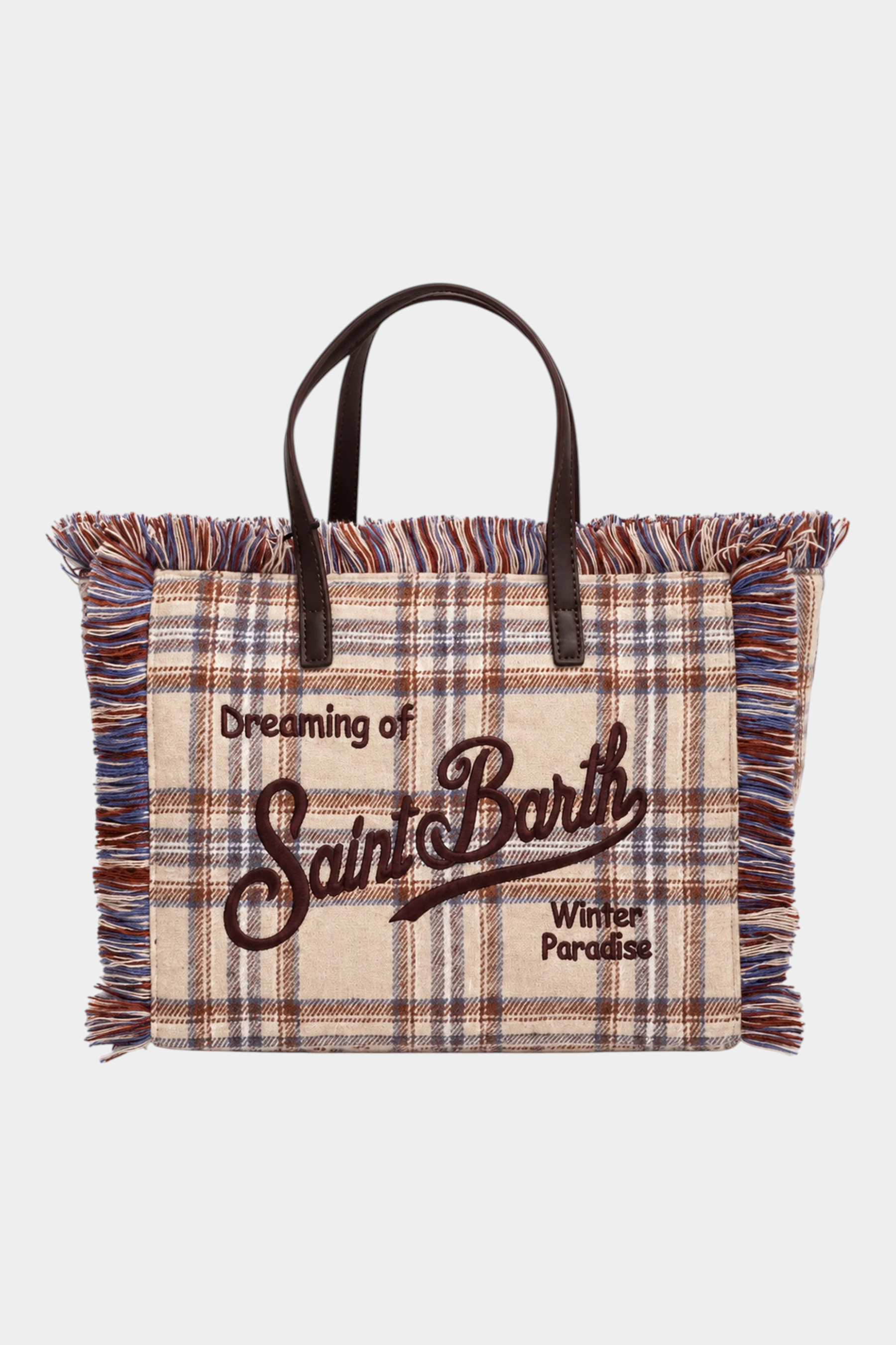 Borsa mini vanity Follower SRL in misto lana beige con motivo tartan, frange laterali e ricamo Saint Barth