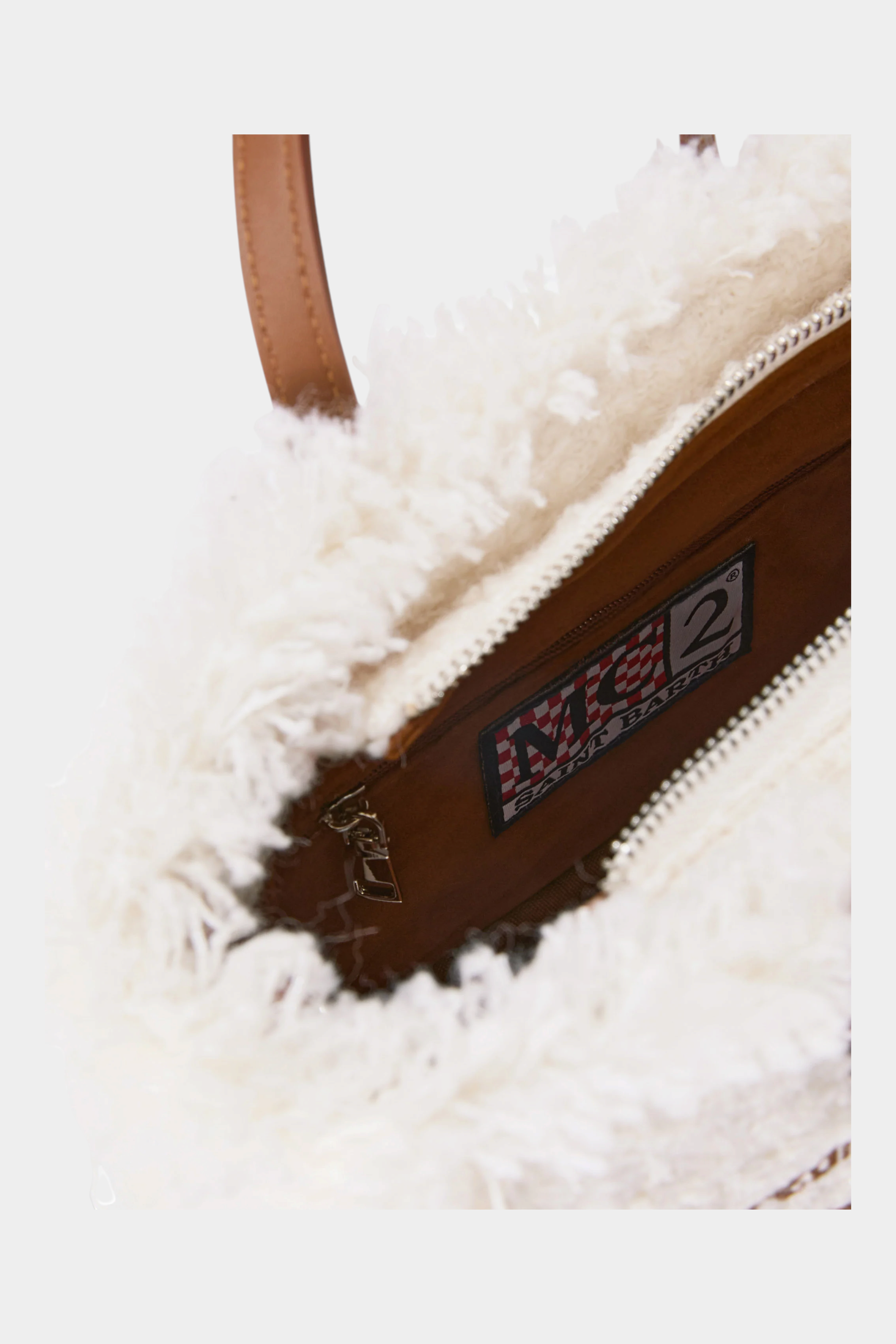 Borsa mini vanity Follower SRL in tweed avorio con texture sfrangiata, manici in cuoio e logo interno MC2 SAINT BARTH