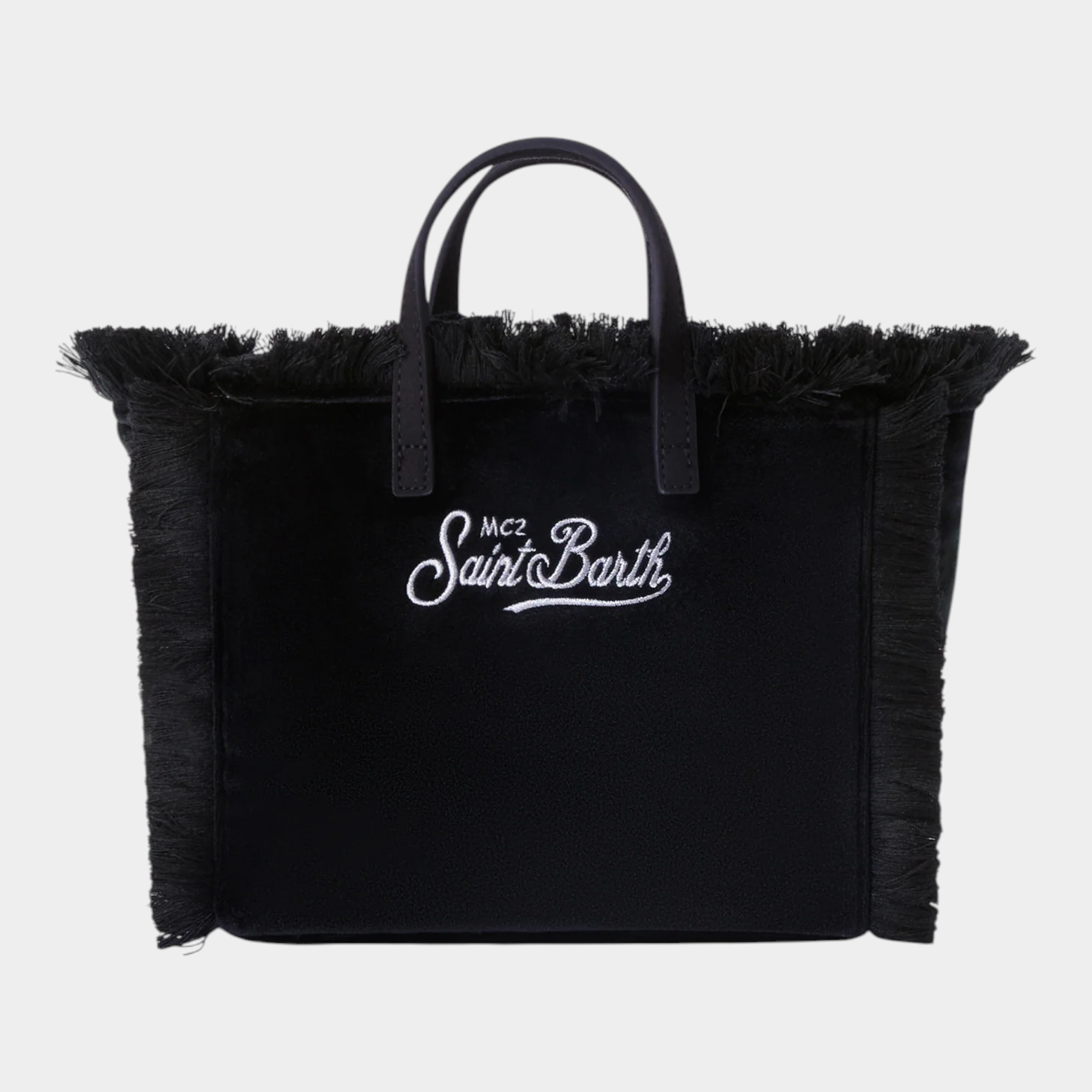 Borsa mini vanity Follower SRL in velluto nero con frange laterali e ricamo logo bianco MC2 SAINT BARTH