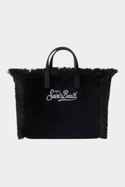Borsa mini vanity Follower SRL in velluto nero con frange laterali e ricamo logo bianco MC2 SAINT BARTH