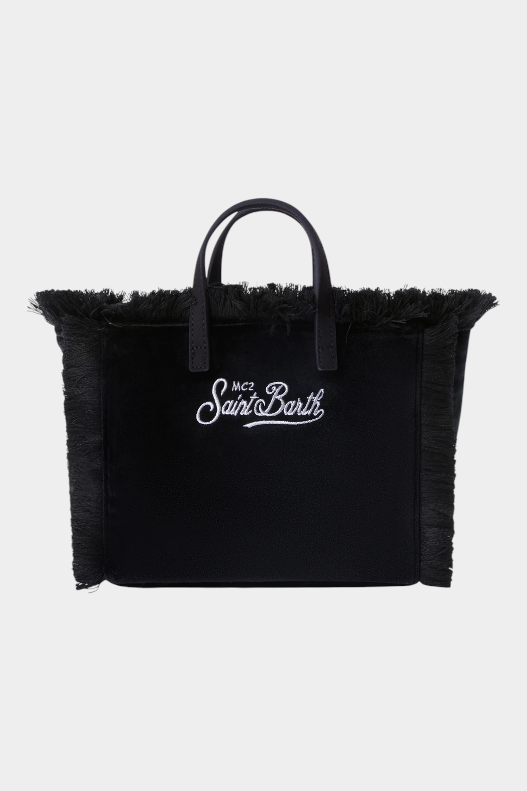 Borsa mini vanity Follower SRL in velluto nero con frange laterali e ricamo logo bianco MC2 SAINT BARTH
