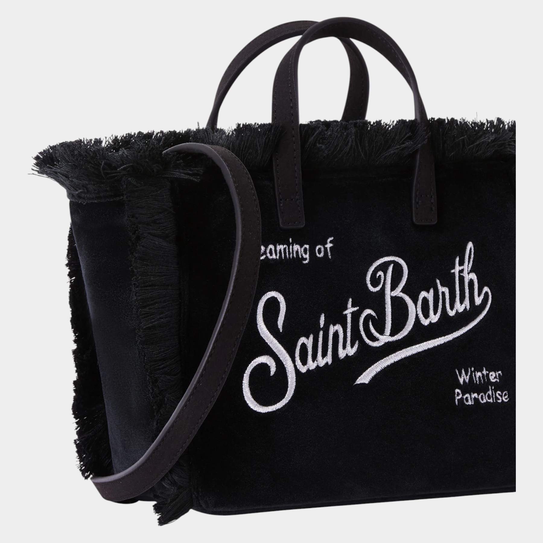 Borsa mini vanity Follower SRL in velluto nero con ricamo logo bianco e dettagli sfrangiati