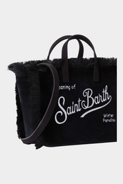 Borsa mini vanity Follower SRL in velluto nero con ricamo logo bianco e dettagli sfrangiati