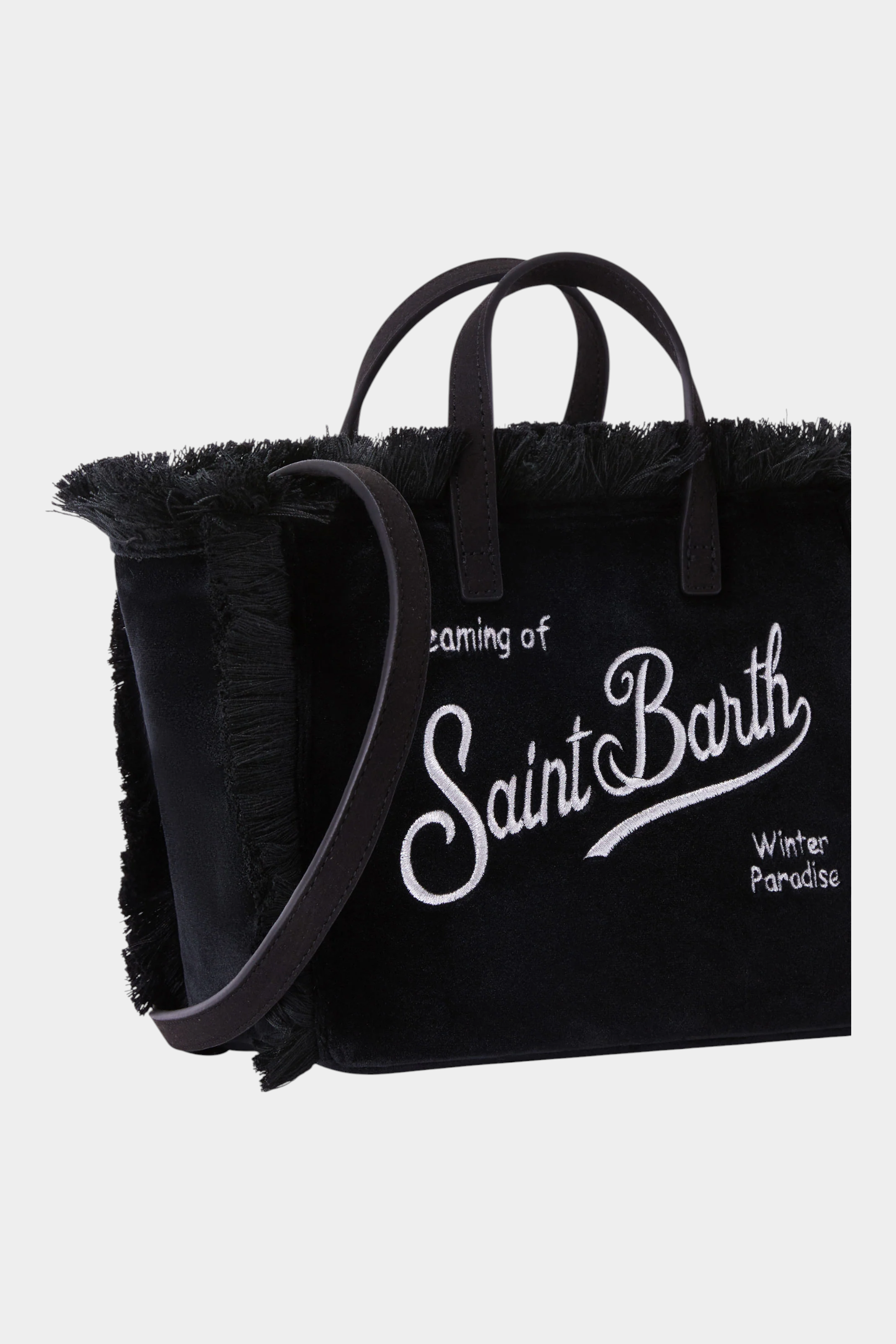 Borsa mini vanity Follower SRL in velluto nero con ricamo logo bianco e dettagli sfrangiati