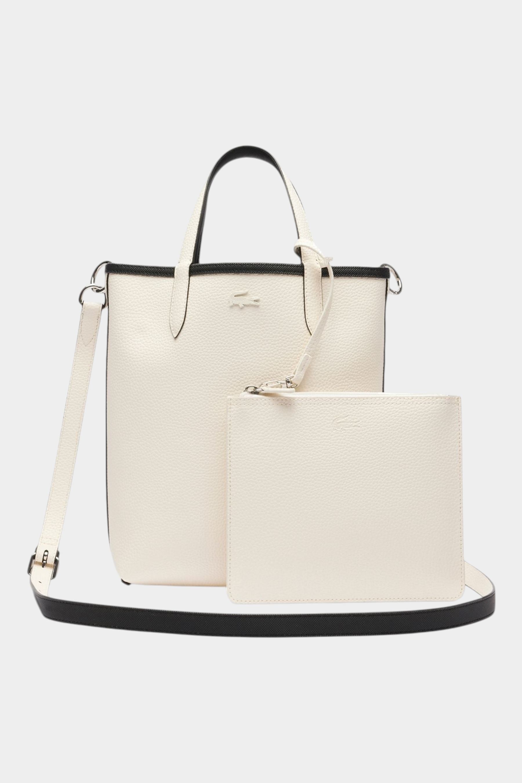 Borsa da viaggio verticale reversibile Follower SRL Lacoste in pelle martellata color crema con pochette abbinata