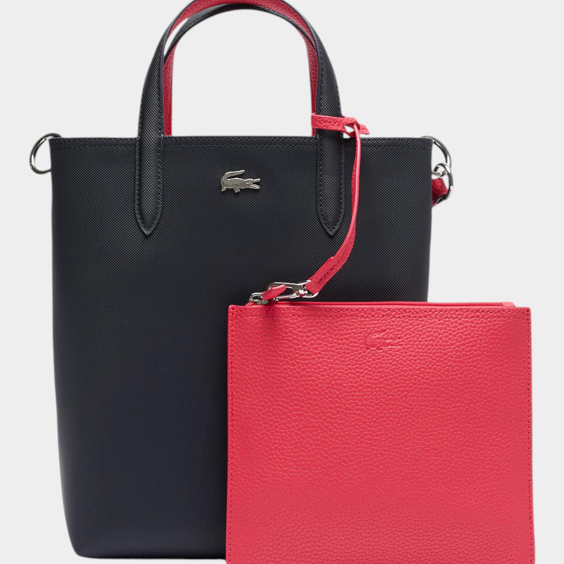 Borsa da viaggio verticale reversibile Follower SRL Lacoste blu e rosa con pochette abbinata e logo in metallo