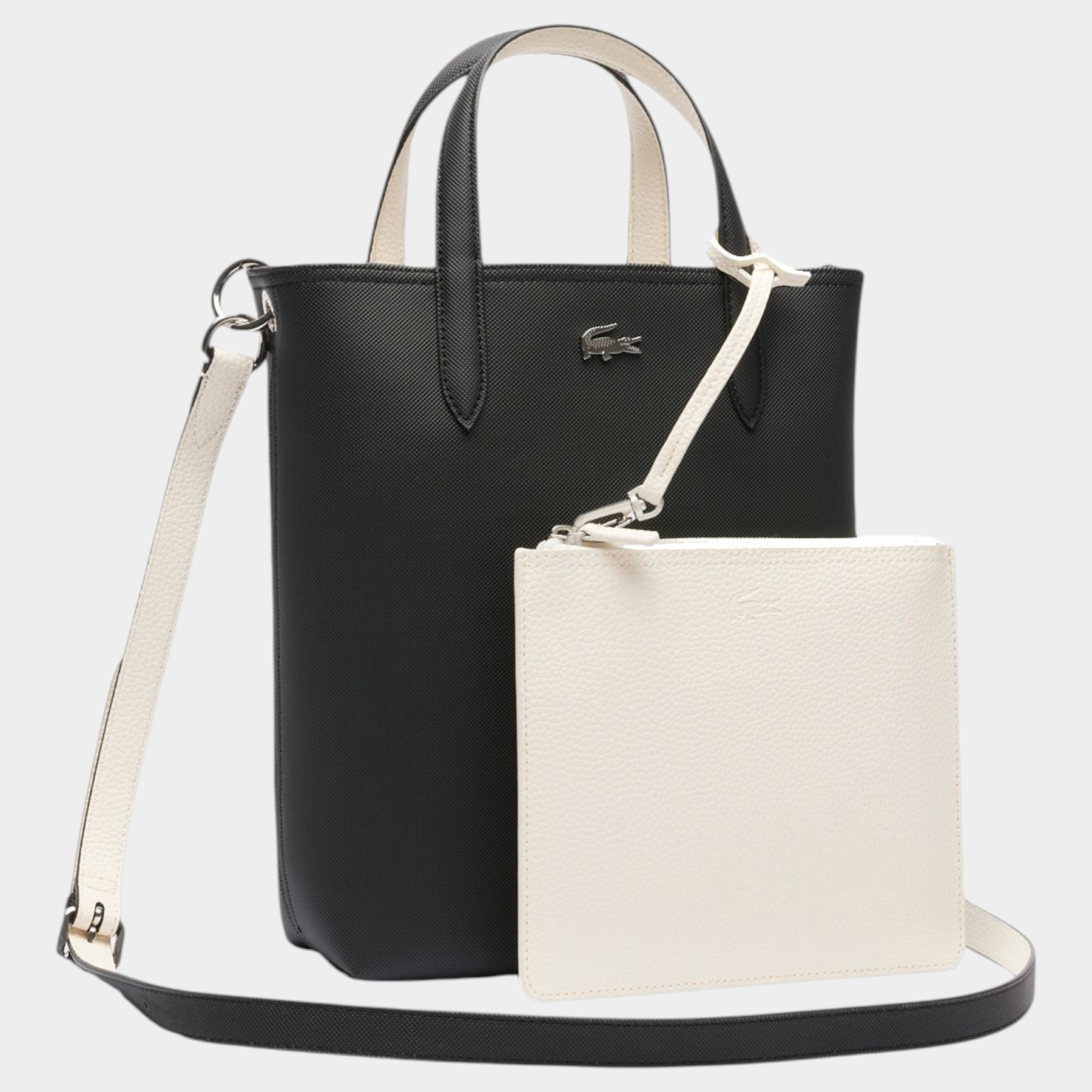 Borsa da viaggio verticale reversibile Follower SRL LACOSTE in nero e bianco con pochette rimovibile e tracolla
