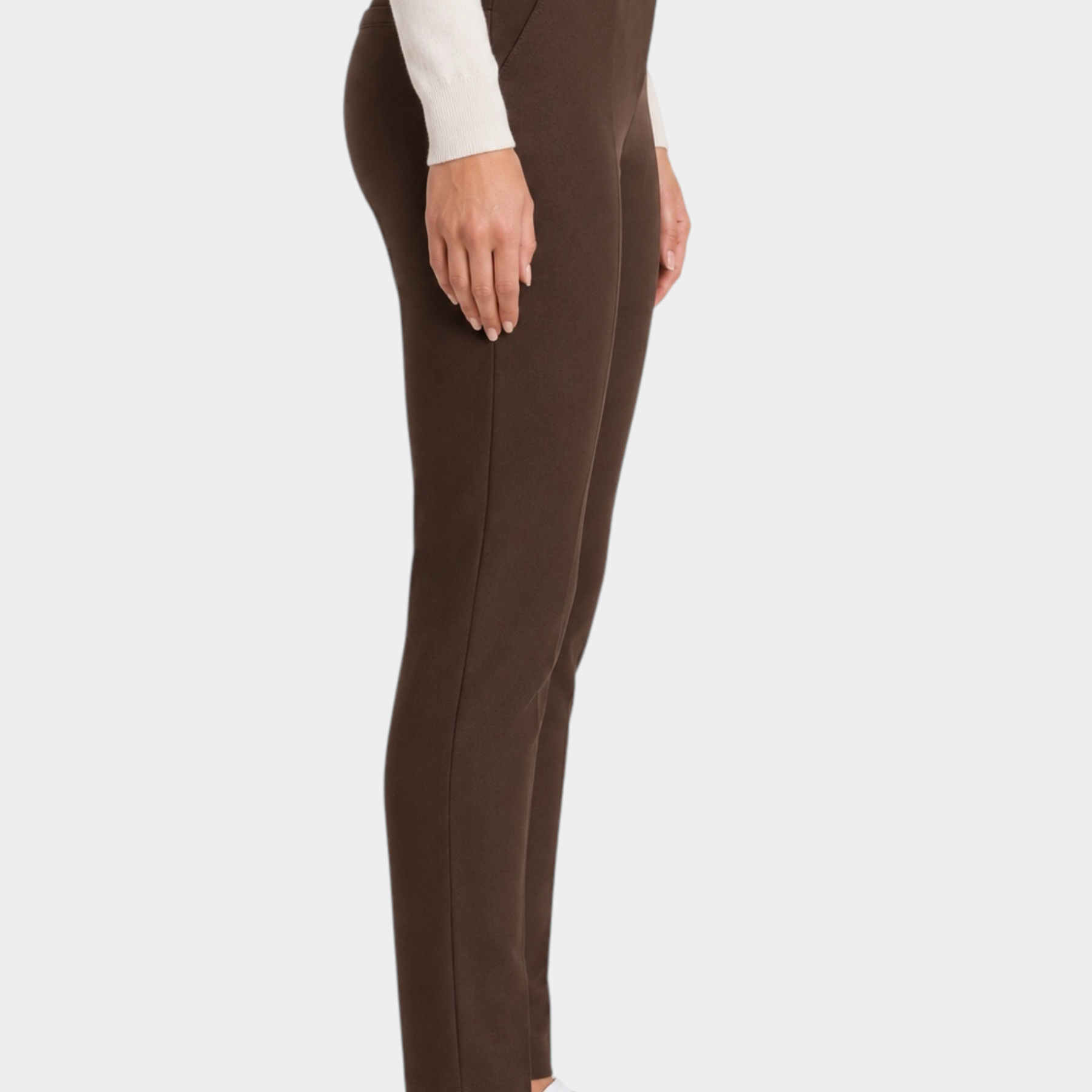 Follower SRL brown cigarette trousers with belt loops and side pockets worn by a woman with white sneakers
