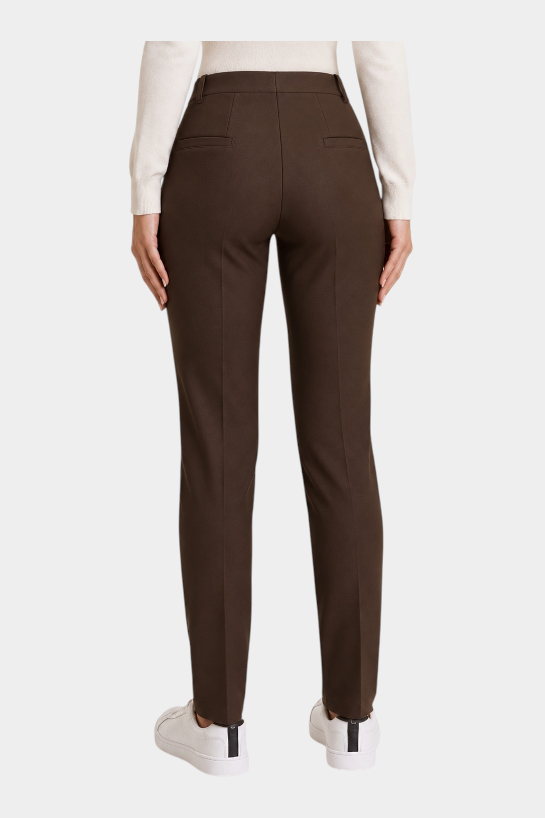 Follower SRL brown cigarette trousers with belt loops and back pockets, worn with a white top and sneakers